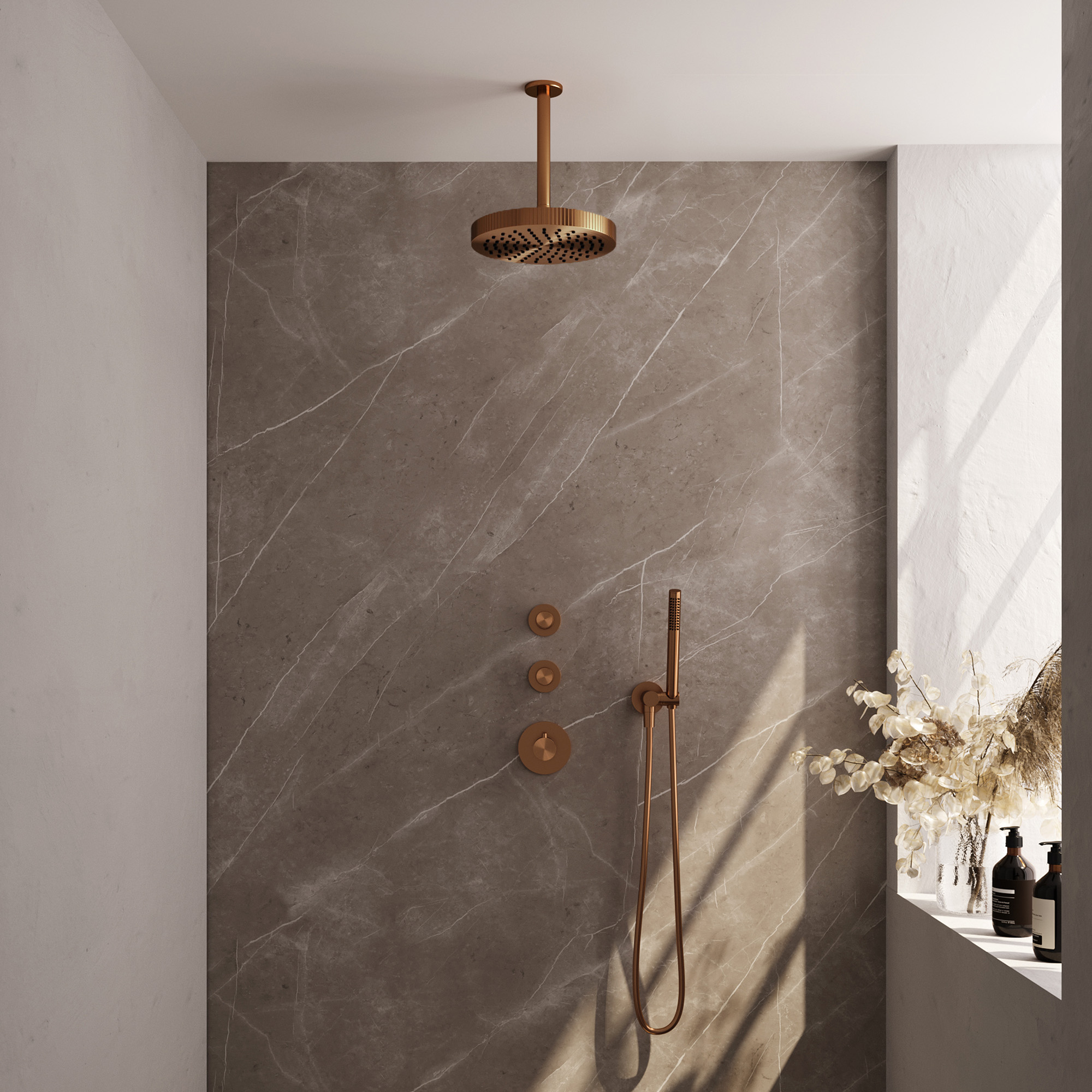 Brauer Stripe thermostatische inbouw regendouche SET 03 met 25 cm douchekop en plafondarm en staaf handdouche en doucheslang en wandaansluitbocht koper geborsteld PVD