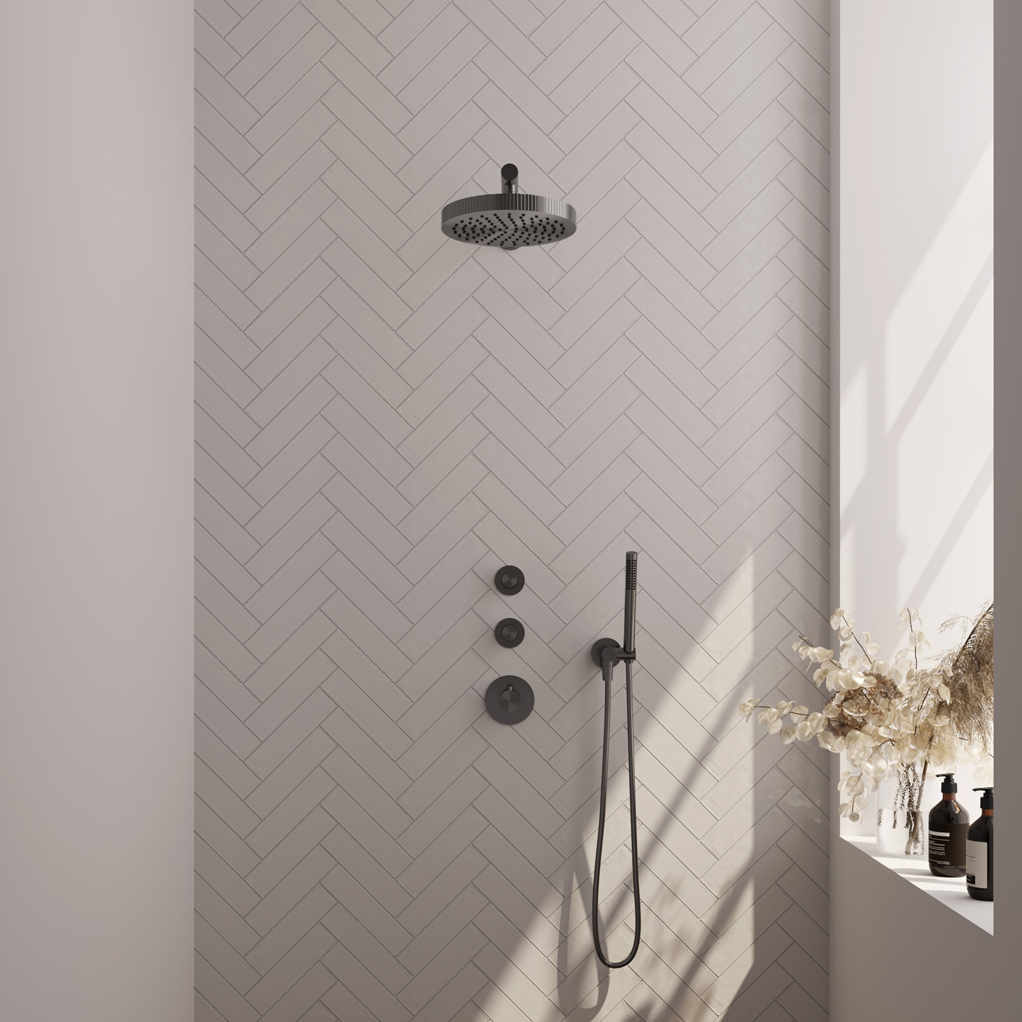 Brauer Stripe thermostatische inbouw regendouche SET 01 met 25 cm douchekop en rechte muurarm en staaf handdouche en doucheslang en wandaansluitbocht gunmetal geborsteld PVD