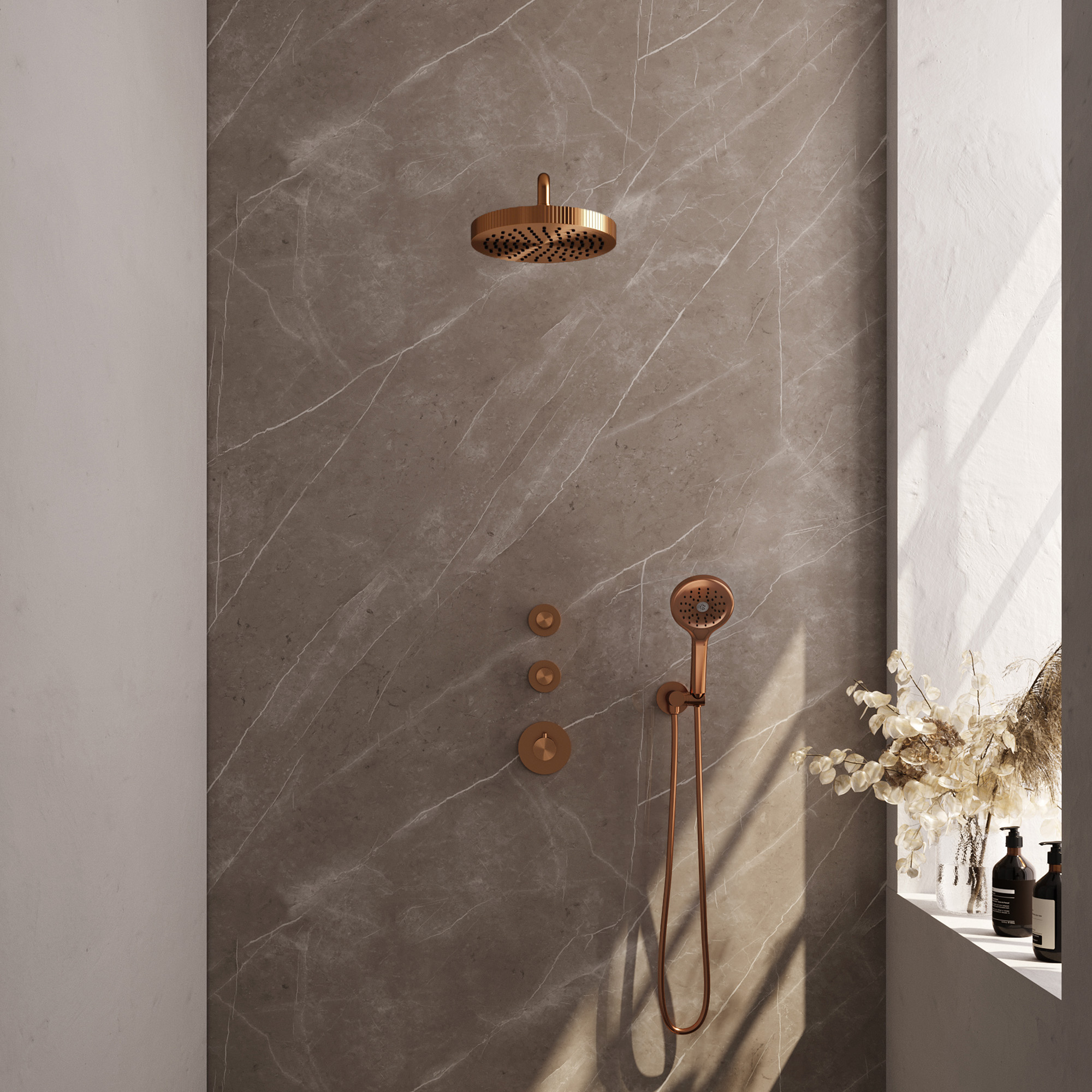 Brauer Stripe thermostatische inbouw regendouche SET 05 met 25 cm douchekop en gebogen muurarm en 3-standen handdouche en doucheslang en wandaansluitbocht koper geborsteld PVD