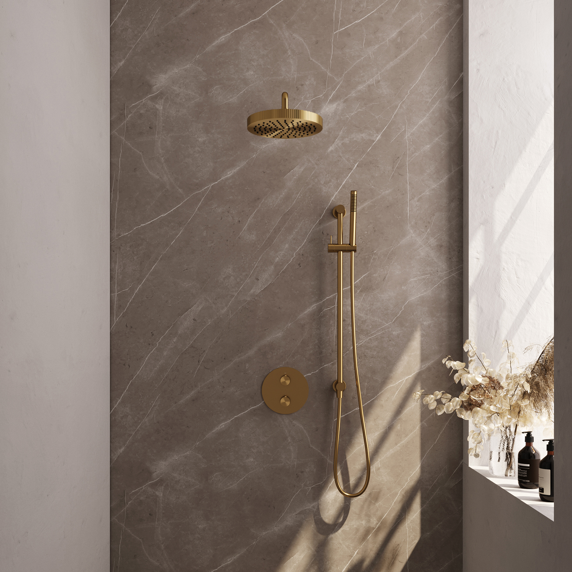 Brauer Stripe thermostatische inbouw regendouche 3-weg rond SET 44 met 25 cm douchekop en gebogen muurarm en staaf handdouche en doucheslang en geintegreerde glijstang goud geborsteld PVD