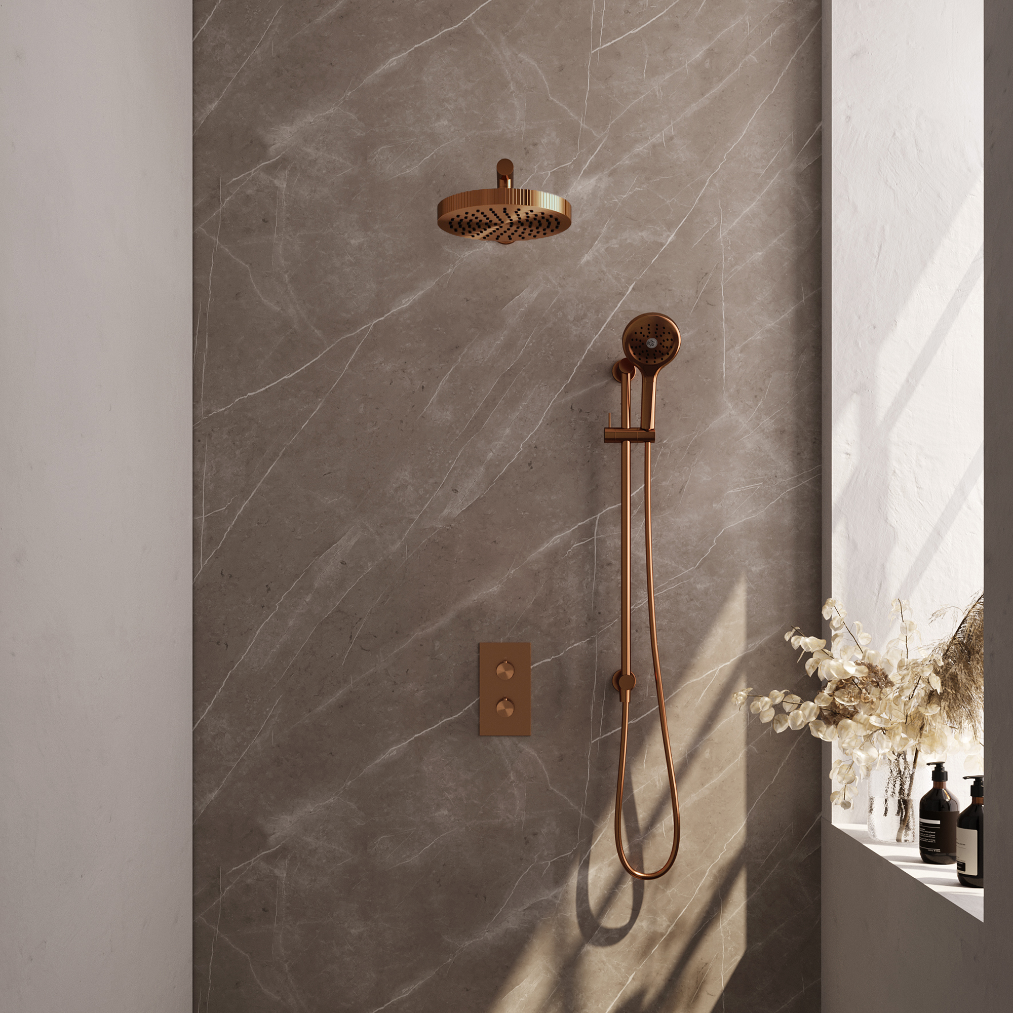 Brauer Stripe thermostatische inbouw regendouche 3-weg rechthoekig SET 22 met 25 cm douchekop en rechte muurarm en 3-standen handdouche en doucheslang en geintegreerde glijstang koper geborsteld PVD