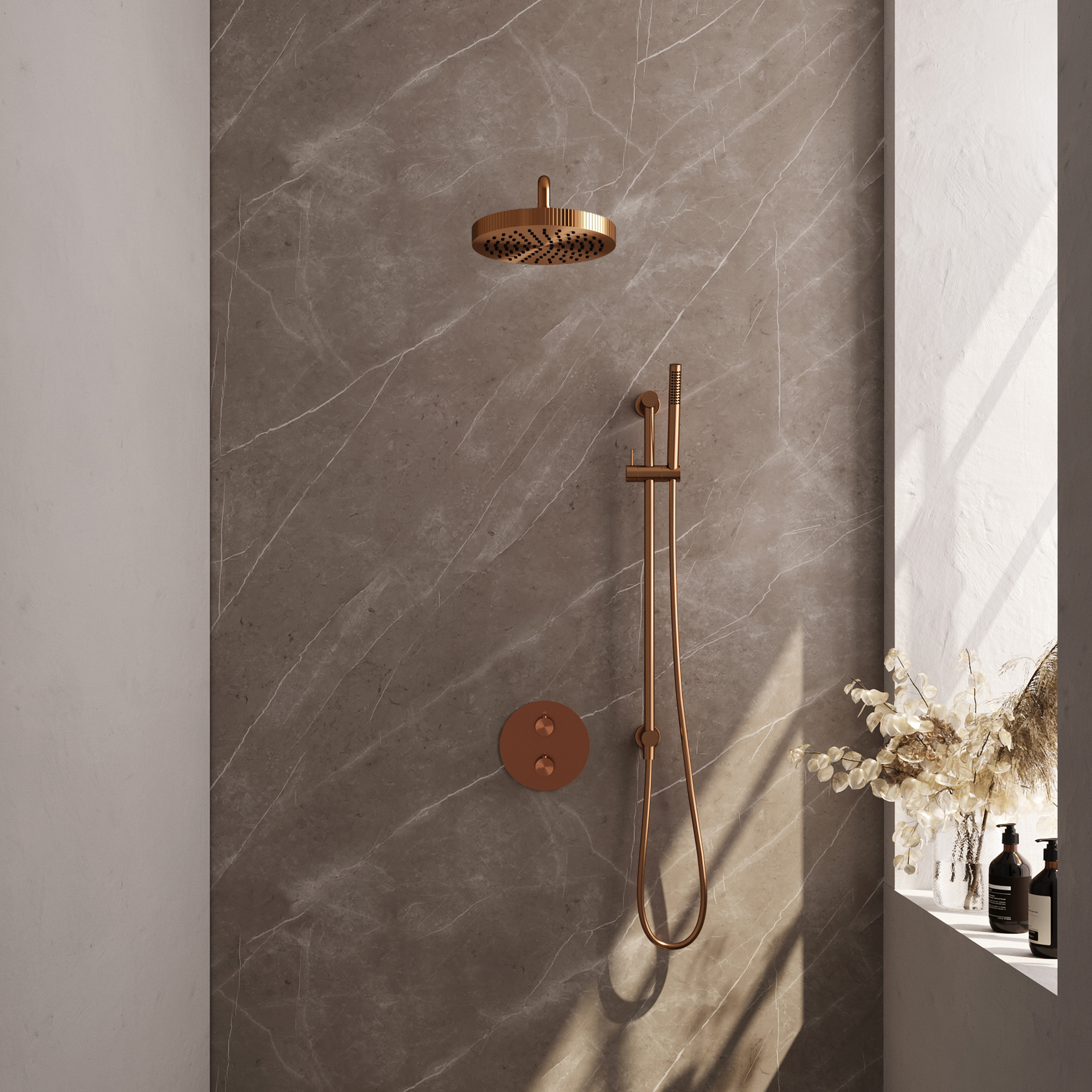 Brauer Stripe thermostatische inbouw regendouche 3-weg rond SET 44 met 25 cm douchekop en gebogen muurarm en staaf handdouche en doucheslang en geintegreerde glijstang koper geborsteld PVD