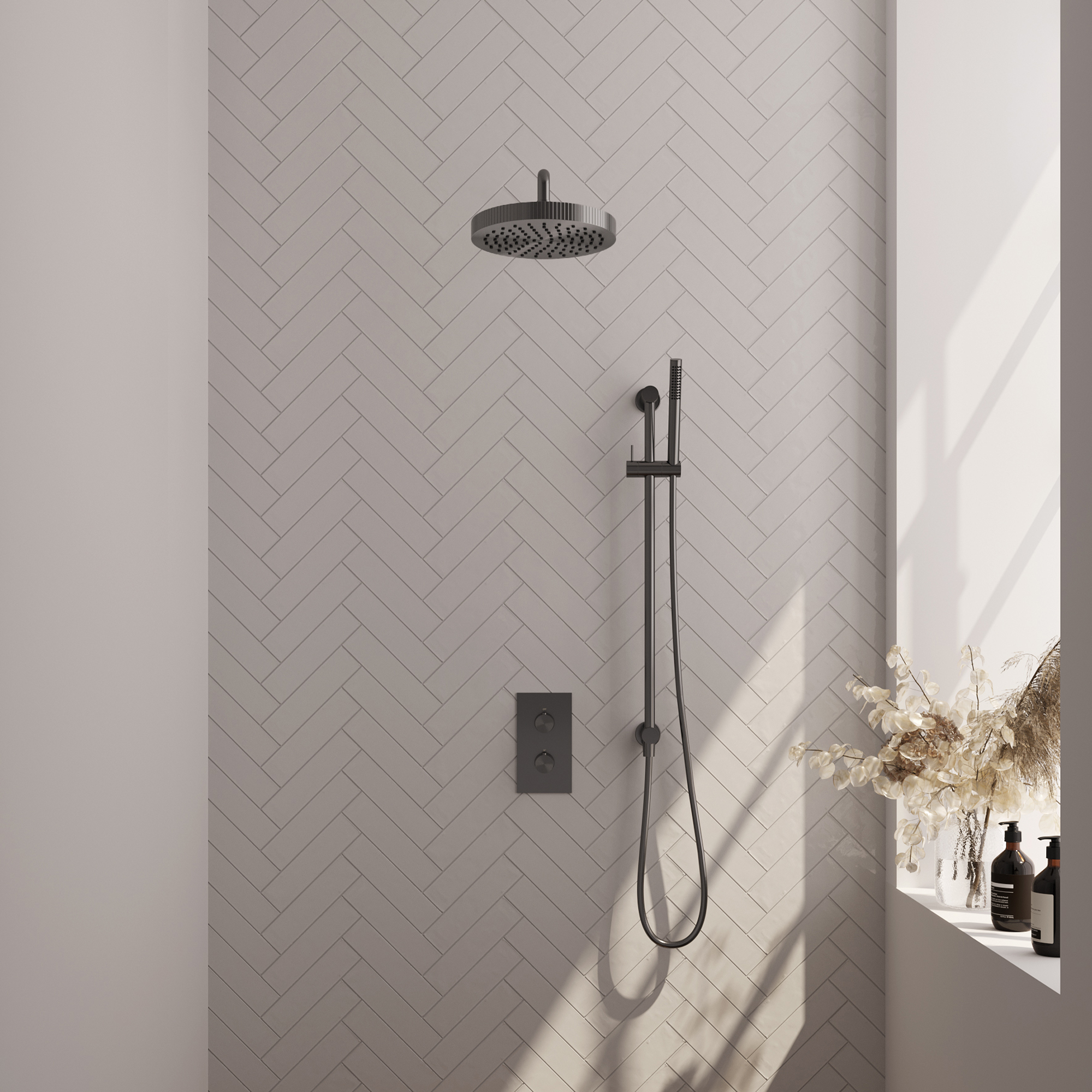 Brauer Stripe thermostatische inbouw regendouche 3-weg rechthoekig SET 20 met 25 cm douchekop en gebogen muurarm en staaf handdouche en doucheslang en geintegreerde glijstang gunmetal geborsteld PVD