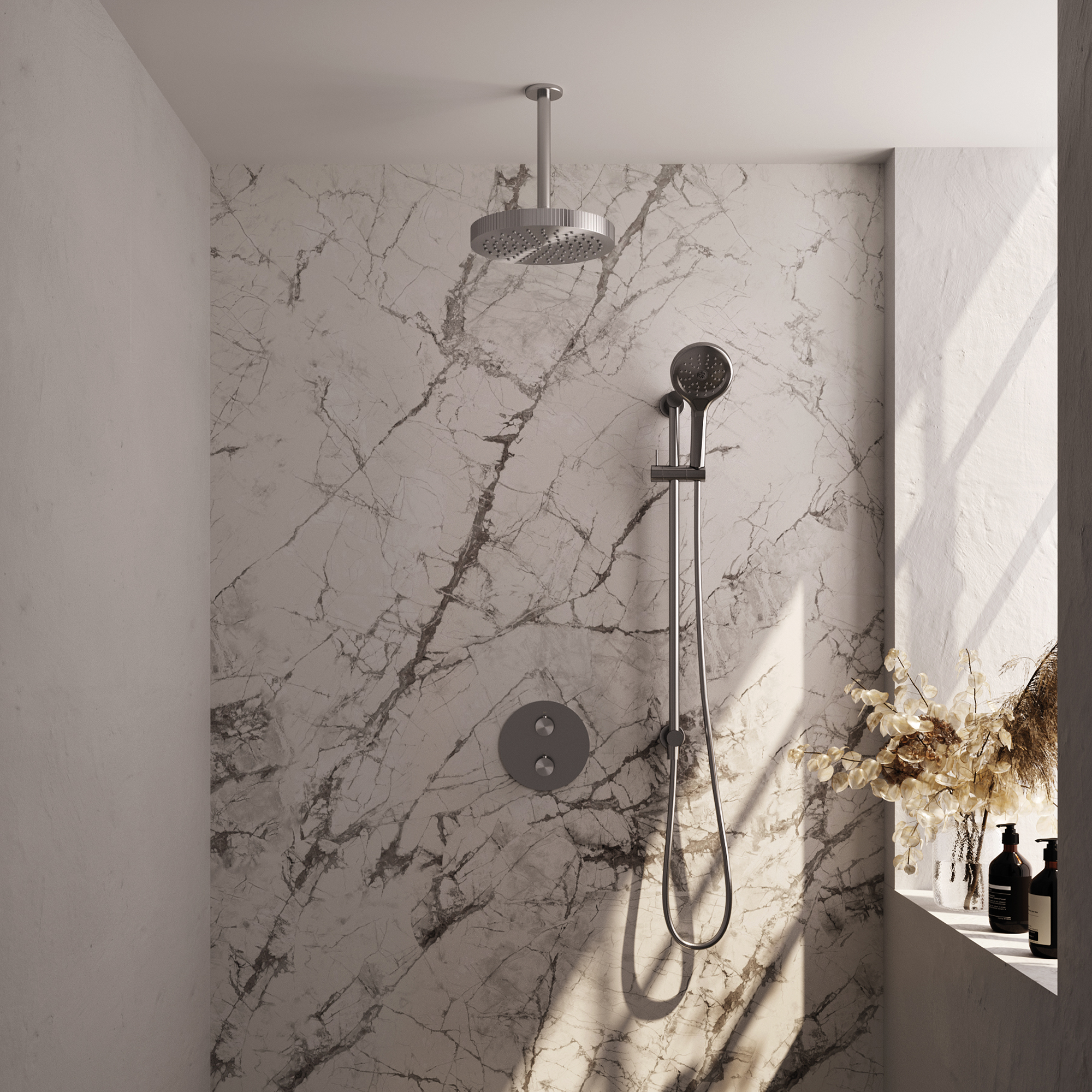 Brauer Stripe thermostatische inbouw regendouche 3-weg rond SET 48 met 25 cm douchekop en plafondarm en 3-standen handdouche en doucheslang en geintegreerde glijstang RVS-kleurig geborsteld PVD