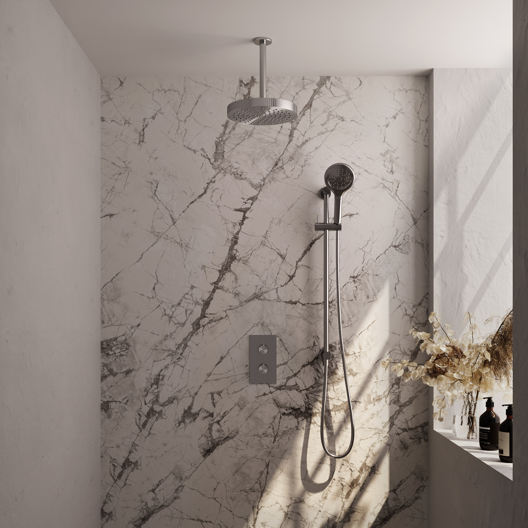 Brauer Stripe thermostatische inbouw regendouche 3-weg rechthoekig SET 24 met 25 cm douchekop en plafondarm en 3-standen handdouche en doucheslang en geintegreerde glijstang RVS-kleurig geborsteld PVD