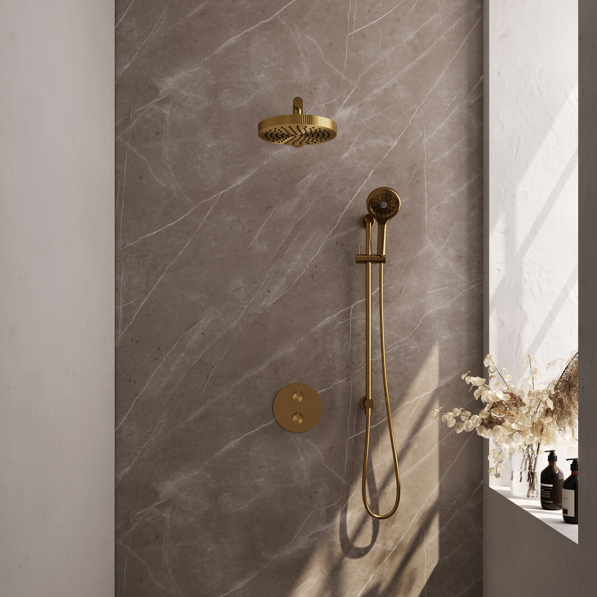 Brauer Stripe thermostatische inbouw regendouche 3-weg rond SET 46 met 25 cm douchekop en rechte muurarm en 3-standen handdouche en doucheslang en geintegreerde glijstang goud geborsteld PVD