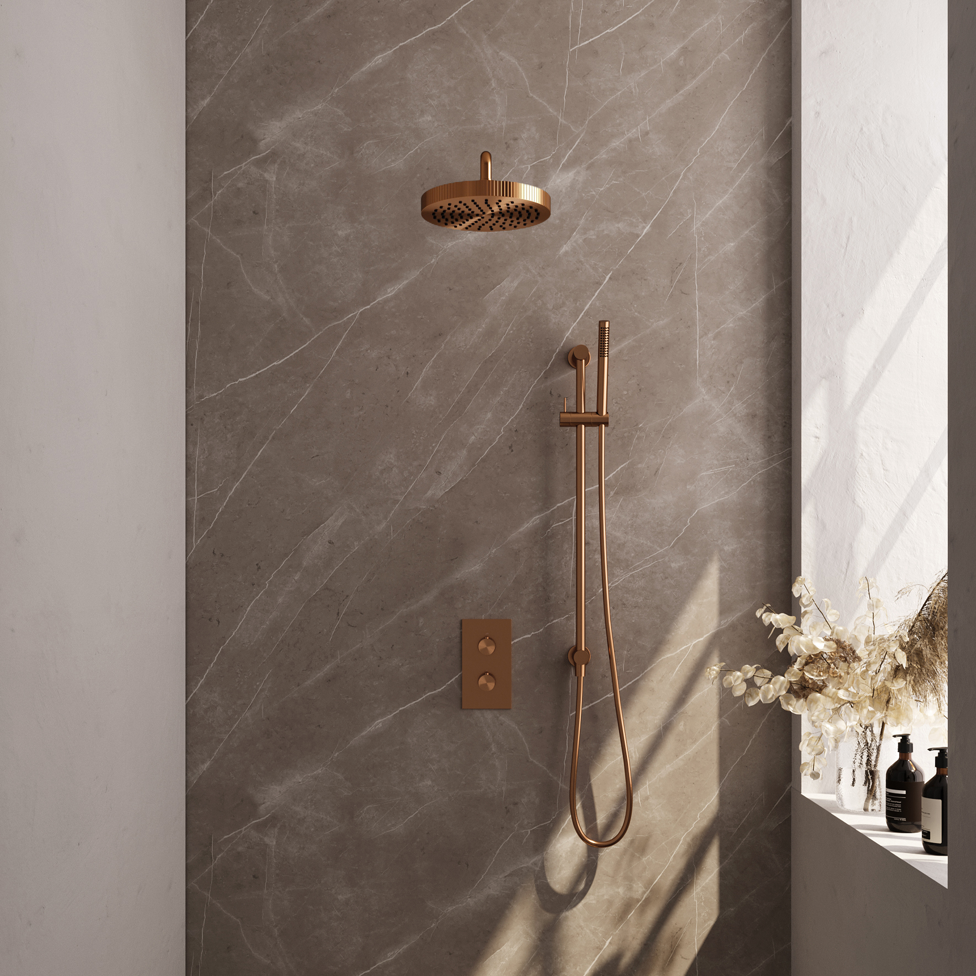 Brauer Stripe thermostatische inbouw regendouche 3-weg rechthoekig SET 20 met 25 cm douchekop en gebogen muurarm en staaf handdouche en doucheslang en geintegreerde glijstang koper geborsteld PVD