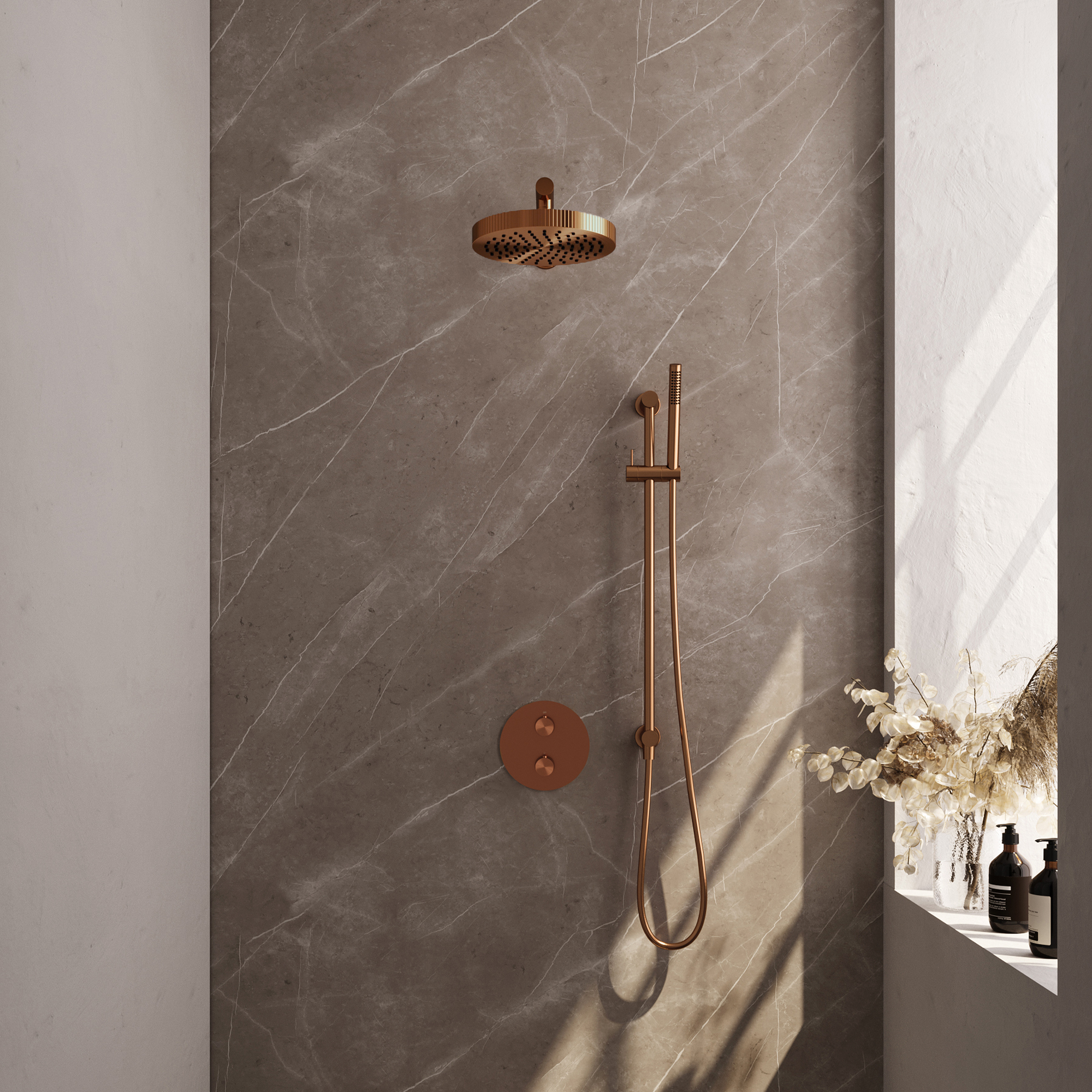 Brauer Stripe thermostatische inbouw regendouche 3-weg rond SET 43 met 25 cm douchekop en rechte muurarm en staaf handdouche en doucheslang en geintegreerde glijstang koper geborsteld PVD