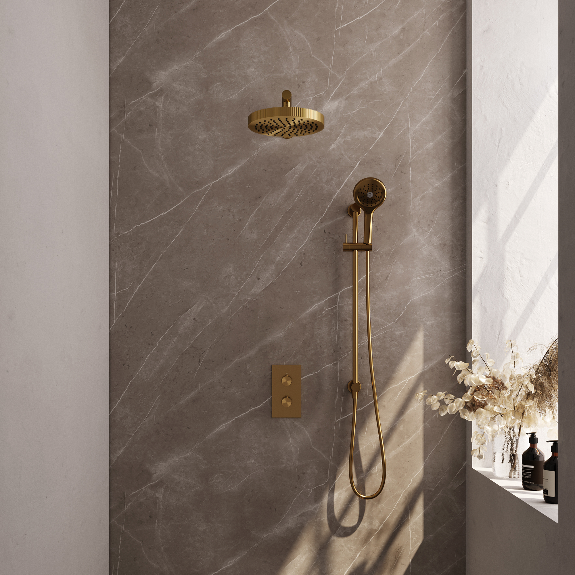 Brauer Stripe thermostatische inbouw regendouche 3-weg rechthoekig SET 22 met 25 cm douchekop en rechte muurarm en 3-standen handdouche en doucheslang en geintegreerde glijstang goud geborsteld PVD