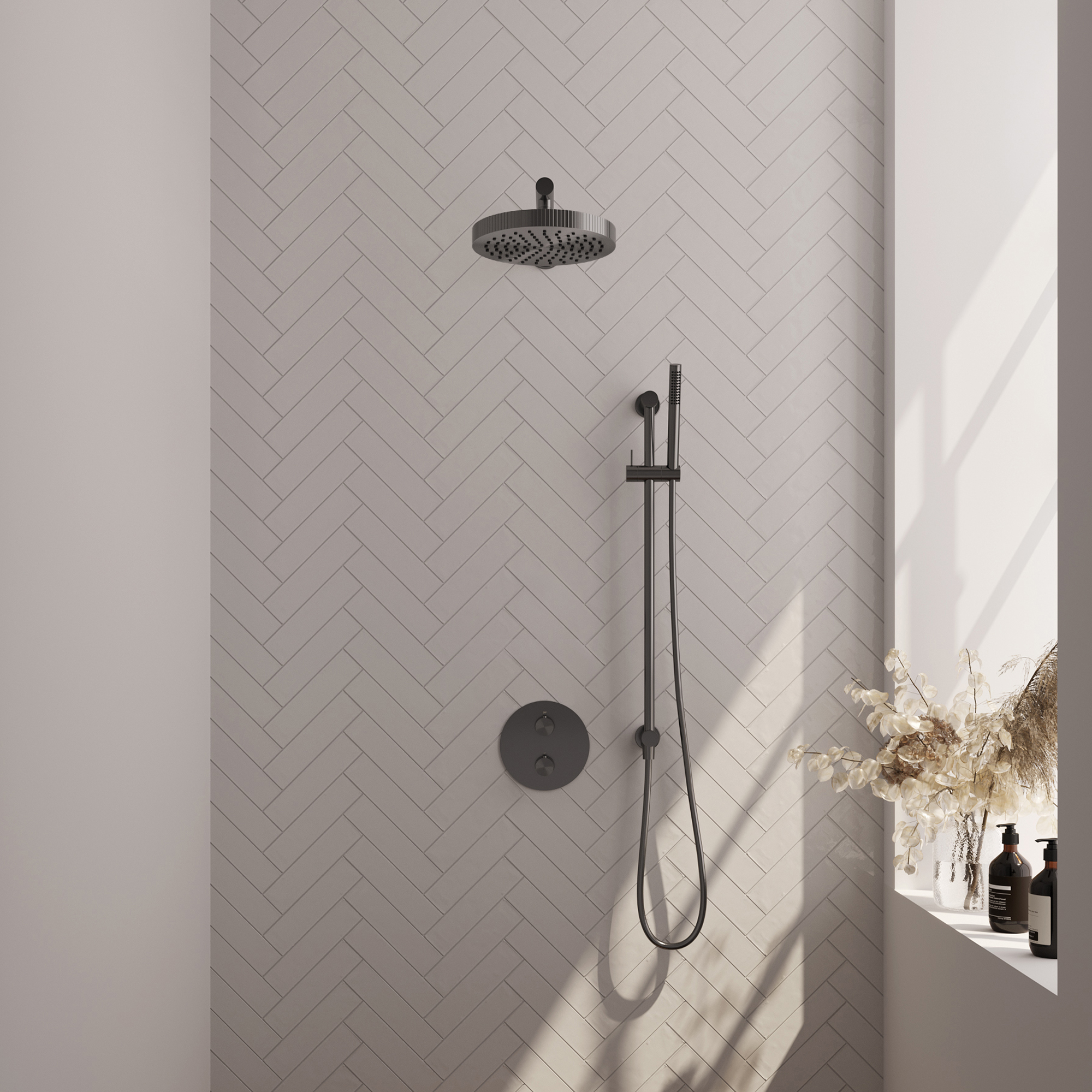 Brauer Stripe thermostatische inbouw regendouche 3-weg rond SET 43 met 25 cm douchekop en rechte muurarm en staaf handdouche en doucheslang en geintegreerde glijstang gunmetal geborsteld PVD