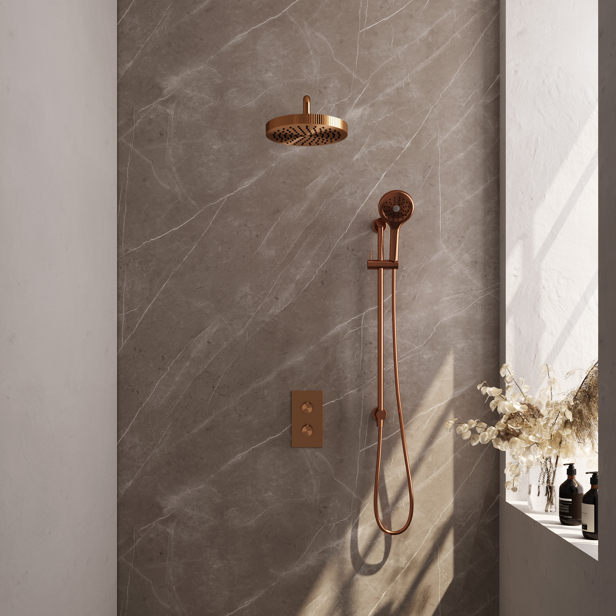 Brauer Stripe thermostatische inbouw regendouche 3-weg rechthoekig SET 23 met 25 cm douchekop en gebogen muurarm en 3-standen handdouche en doucheslang en geintegreerde glijstang koper geborsteld PVD