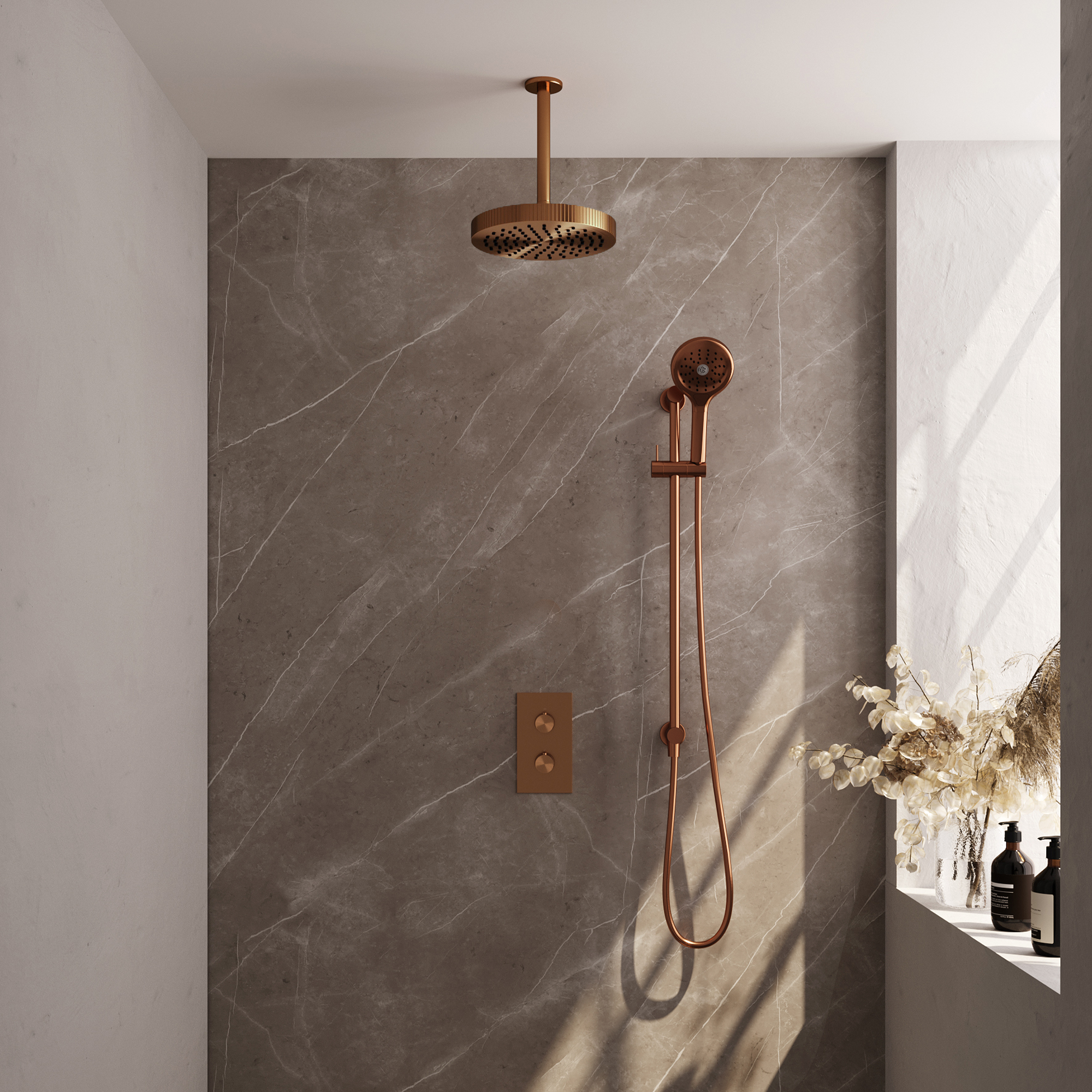 Brauer Stripe thermostatische inbouw regendouche 3-weg rechthoekig SET 24 met 25 cm douchekop en plafondarm en 3-standen handdouche en doucheslang en geintegreerde glijstang koper geborsteld PVD