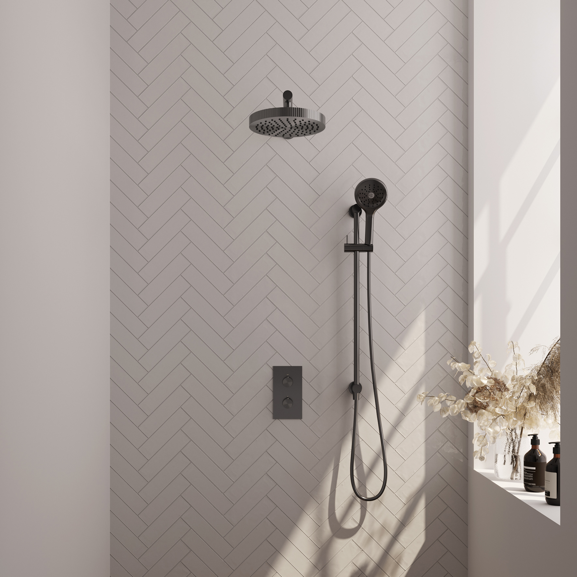 Brauer Stripe thermostatische inbouw regendouche 3-weg rechthoekig SET 22 met 25 cm douchekop en rechte muurarm en 3-standen handdouche en doucheslang en geintegreerde glijstang gunmetal geborsteld PV
