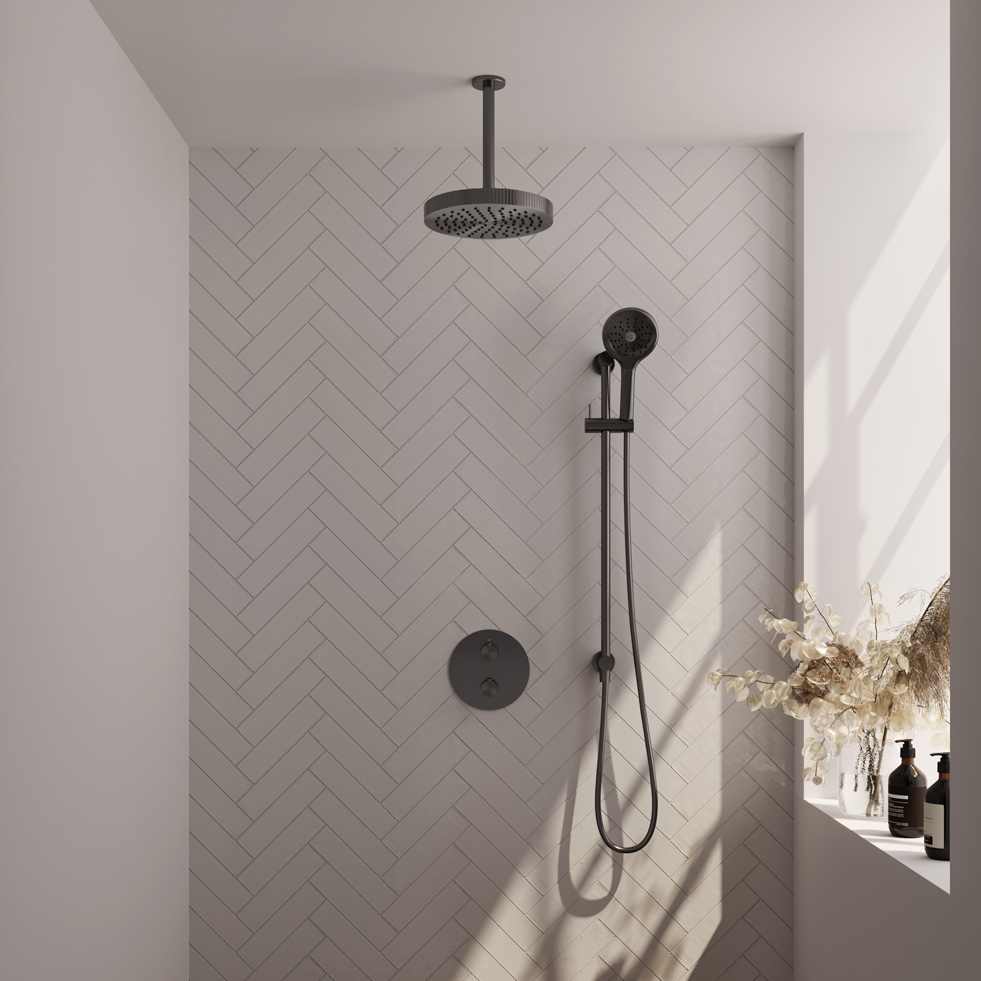 Brauer Stripe thermostatische inbouw regendouche 3-weg rond SET 48 met 25 cm douchekop en plafondarm en 3-standen handdouche en doucheslang en geintegreerde glijstang gunmetal geborsteld PVD