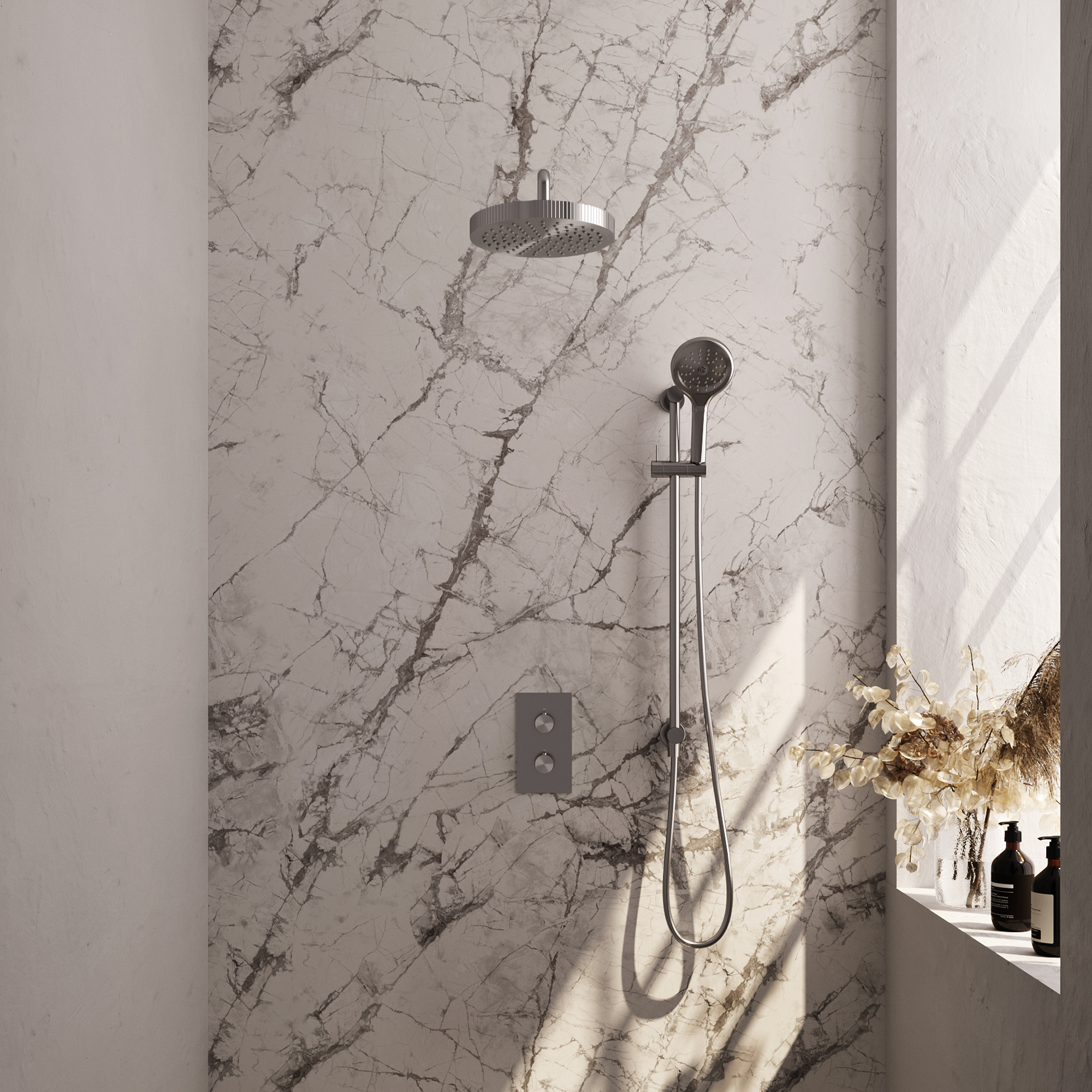 Brauer Stripe thermostatische inbouw regendouche 3-weg rechthoekig SET 23 met 25 cm douchekop en gebogen muurarm en 3-standen handdouche en doucheslang en geintegreerde glijstang RVS-kleurig geborstel