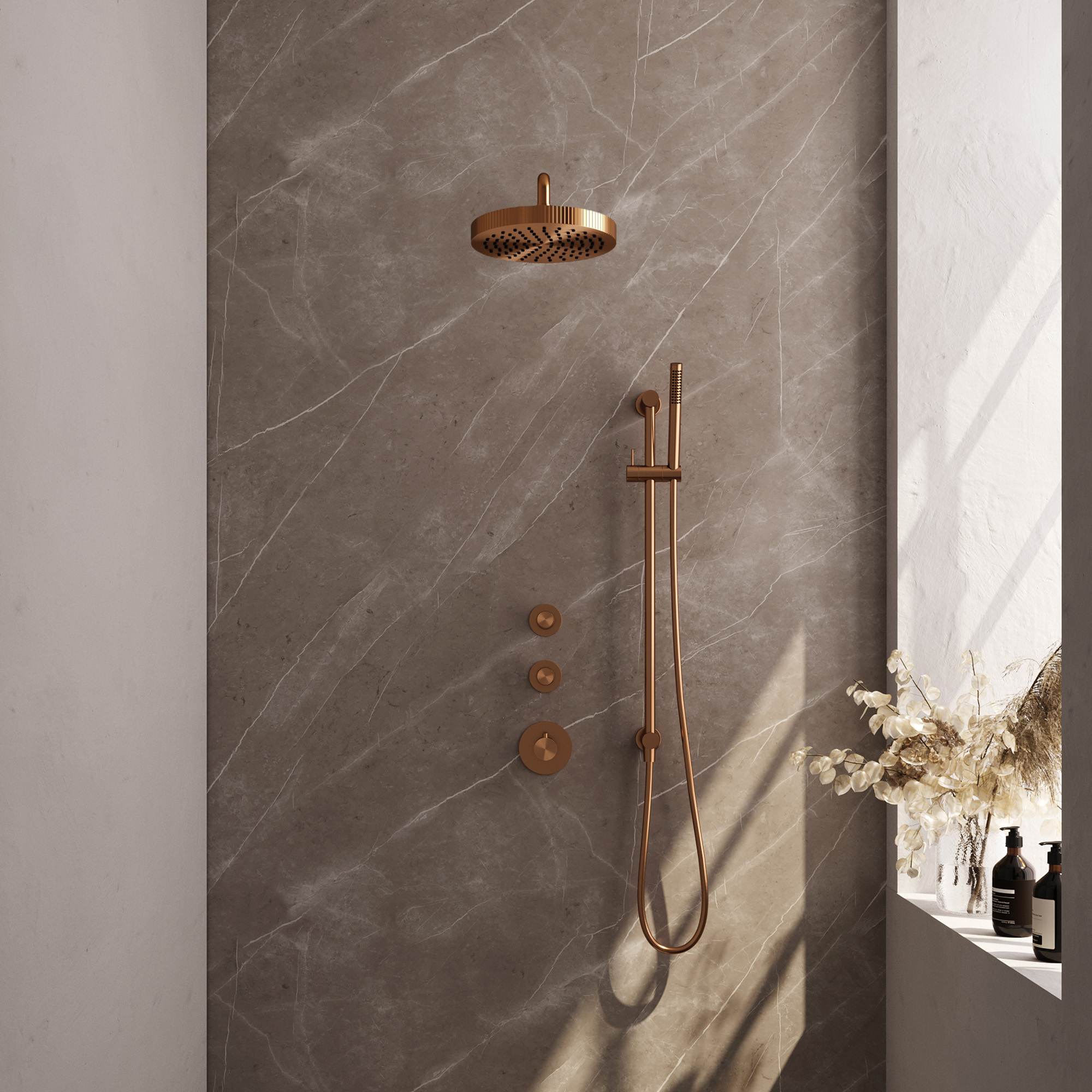 Brauer Stripe thermostatische inbouw regendouche SET 08 met 25 cm douchekop en gebogen muurarm en staaf handdouche en doucheslang en geintegreerde glijstang koper geborsteld PVD