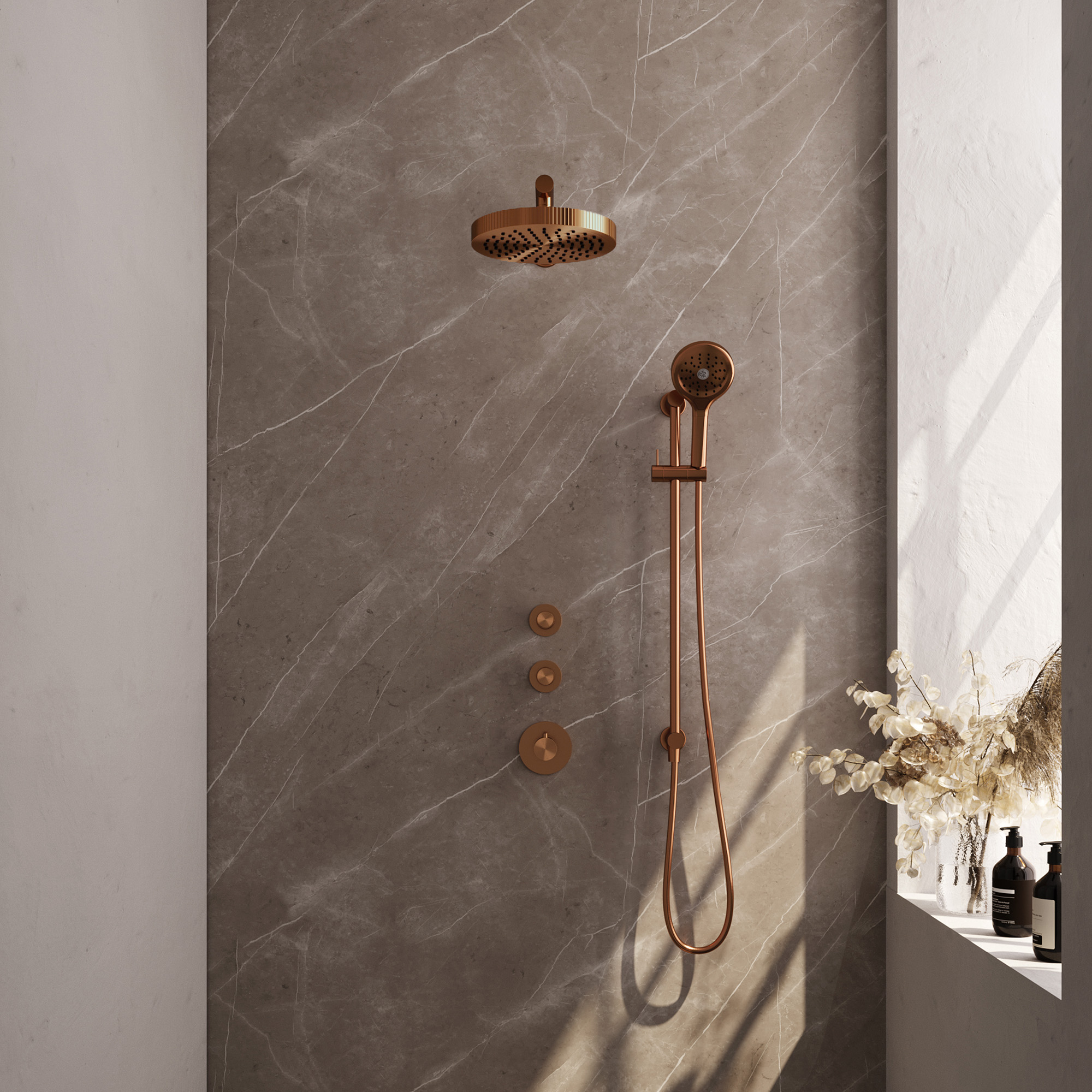 Brauer Stripe thermostatische inbouw regendouche SET 10 met 25 cm douchekop en rechte muurarm en 3-standen handdouche en doucheslang en geintegreerde glijstang koper geborsteld PVD