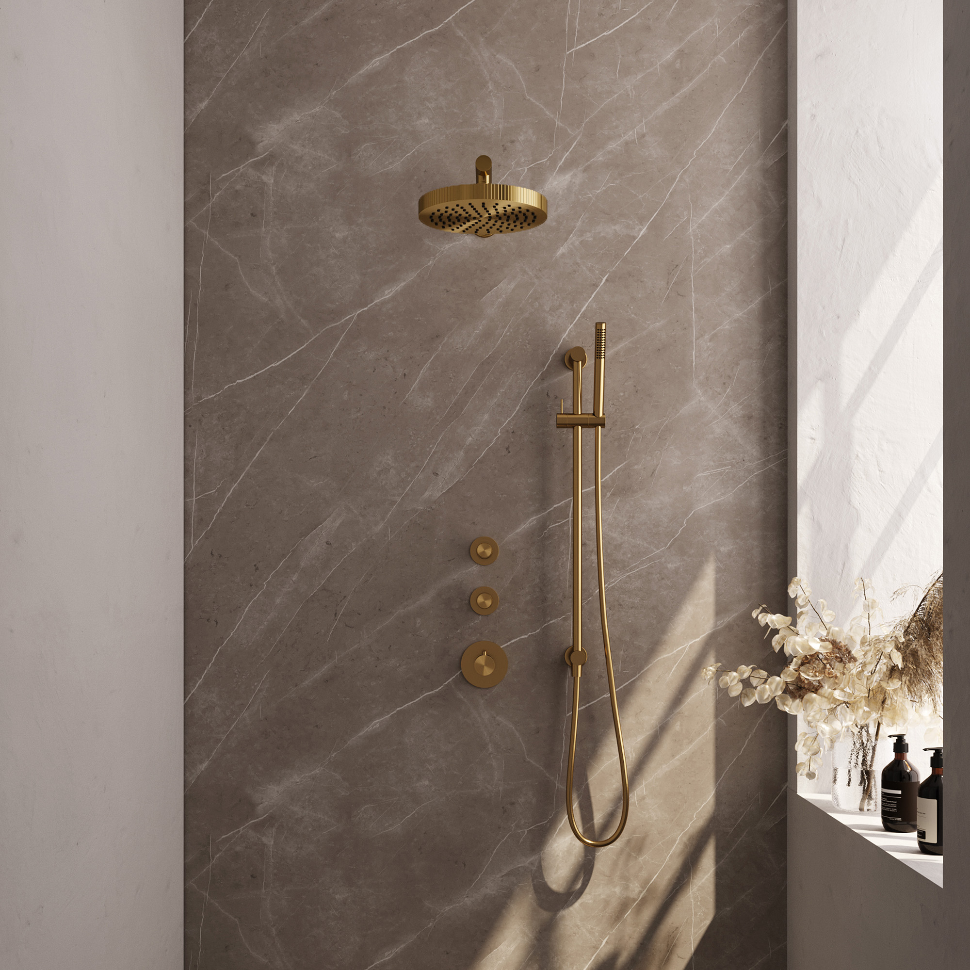 Brauer Stripe thermostatische inbouw regendouche SET 07 met 25 cm douchekop en rechte muurarm en staaf handdouche en doucheslang en geintegreerde glijstang goud geborsteld PVD