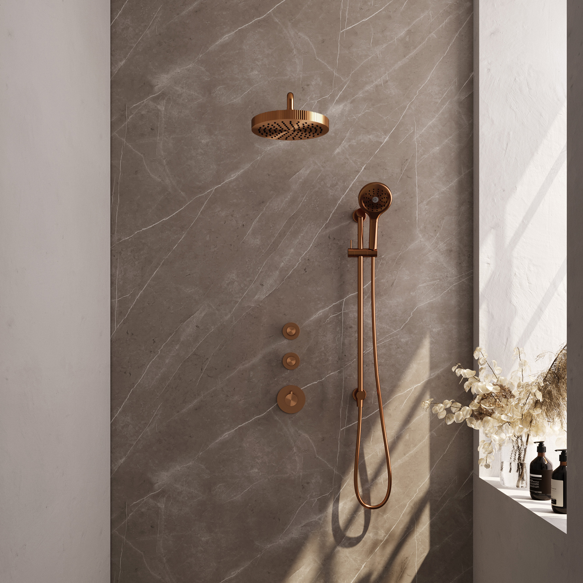 Brauer Stripe thermostatische inbouw regendouche SET 11 met 25 cm douchekop en gebogen muurarm en 3-standen handdouche en doucheslang en geintegreerde glijstang koper geborsteld PVD