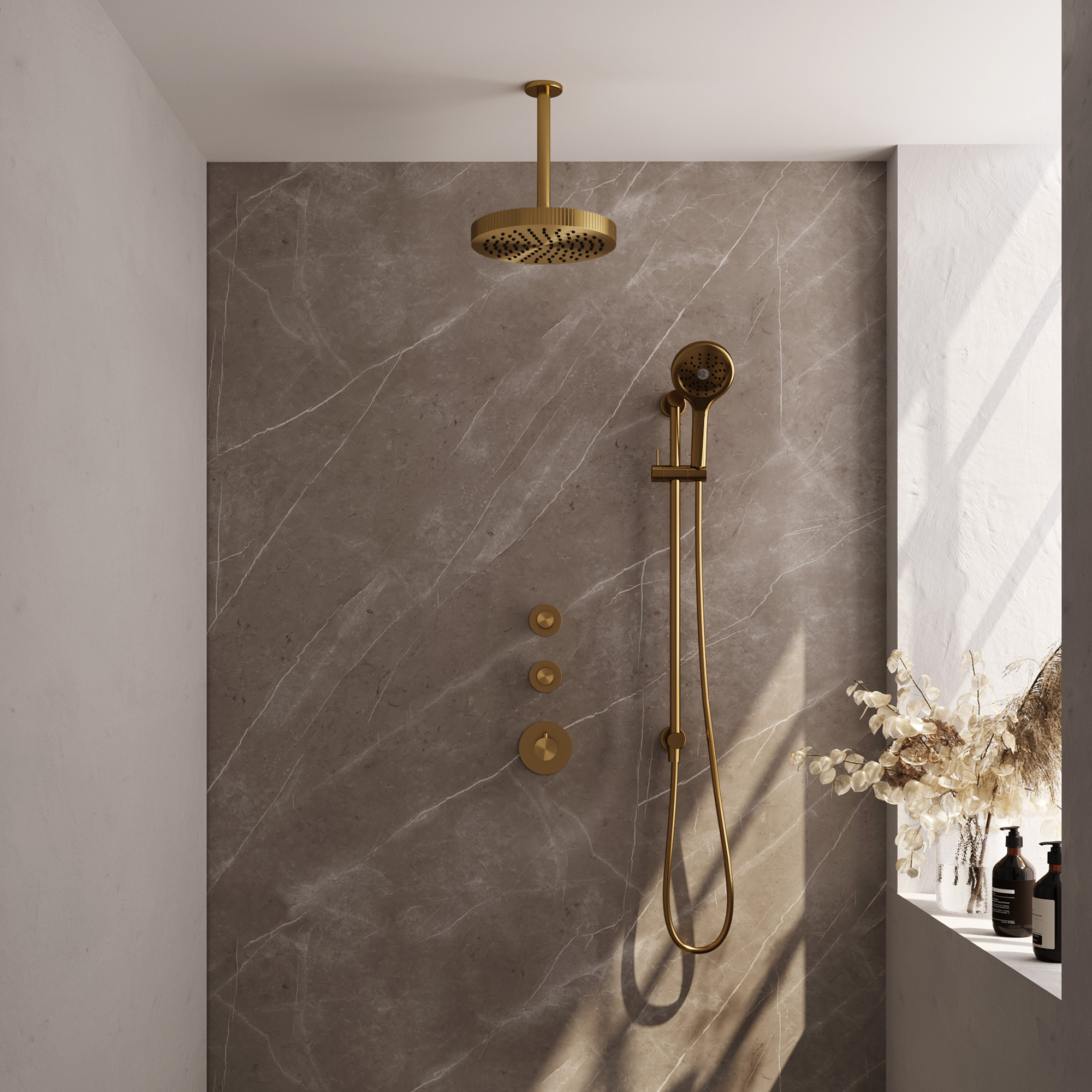Brauer Stripe thermostatische inbouw regendouche SET 12 met 25 cm douchekop en plafondarm en 3-standen handdouche en doucheslang en geintegreerde glijstang goud geborsteld PVD