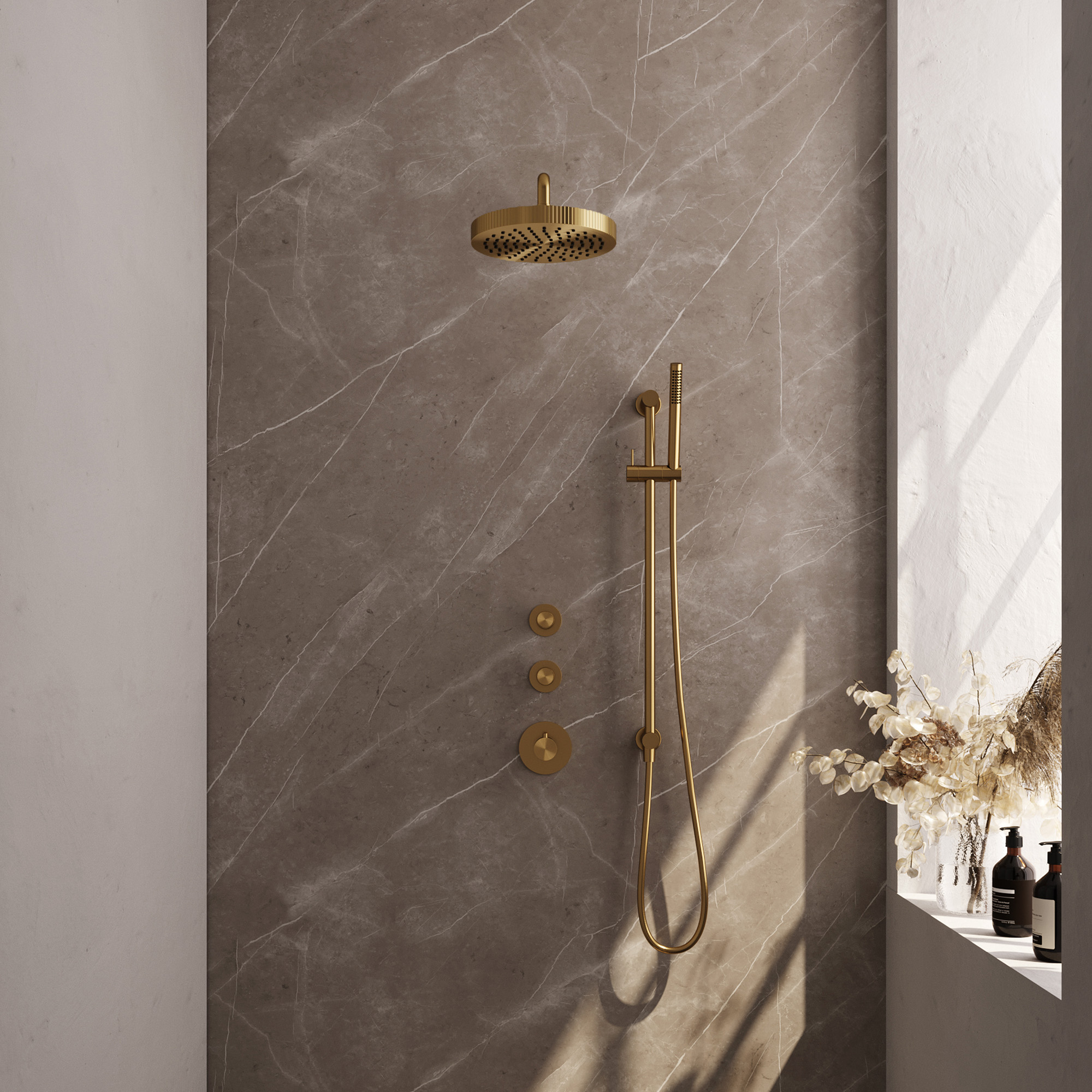 Brauer Stripe thermostatische inbouw regendouche SET 08 met 25 cm douchekop en gebogen muurarm en staaf handdouche en doucheslang en geintegreerde glijstang goud geborsteld PVD