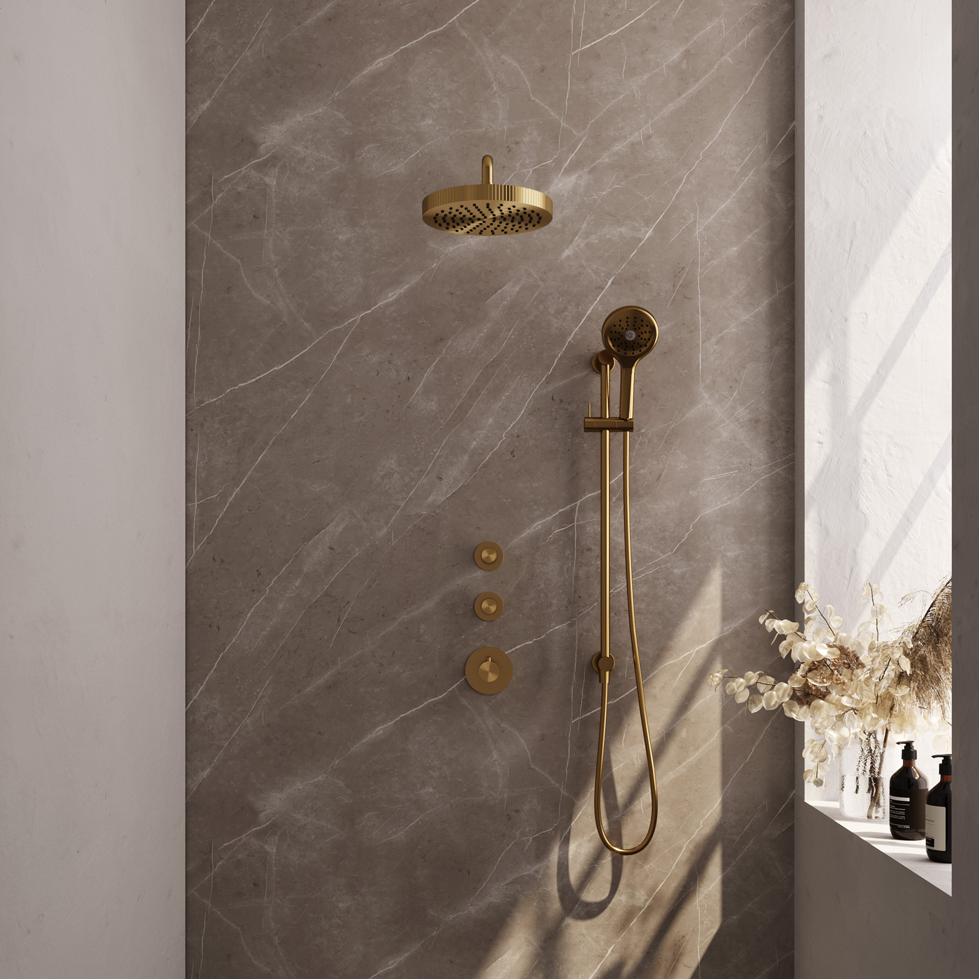 Brauer Stripe thermostatische inbouw regendouche SET 11 met 25 cm douchekop en gebogen muurarm en 3-standen handdouche en doucheslang en geintegreerde glijstang goud geborsteld PVD