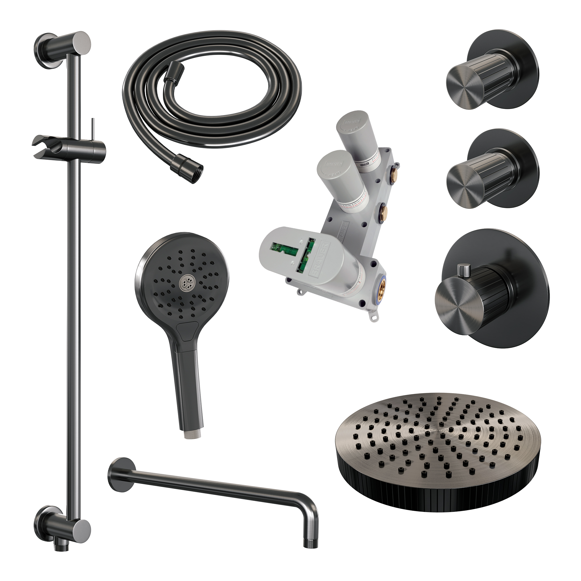Brauer Stripe thermostatische inbouw regendouche SET 11 met 25 cm douchekop en gebogen muurarm en 3-standen handdouche en doucheslang en geintegreerde glijstang gunmetal geborsteld PVD