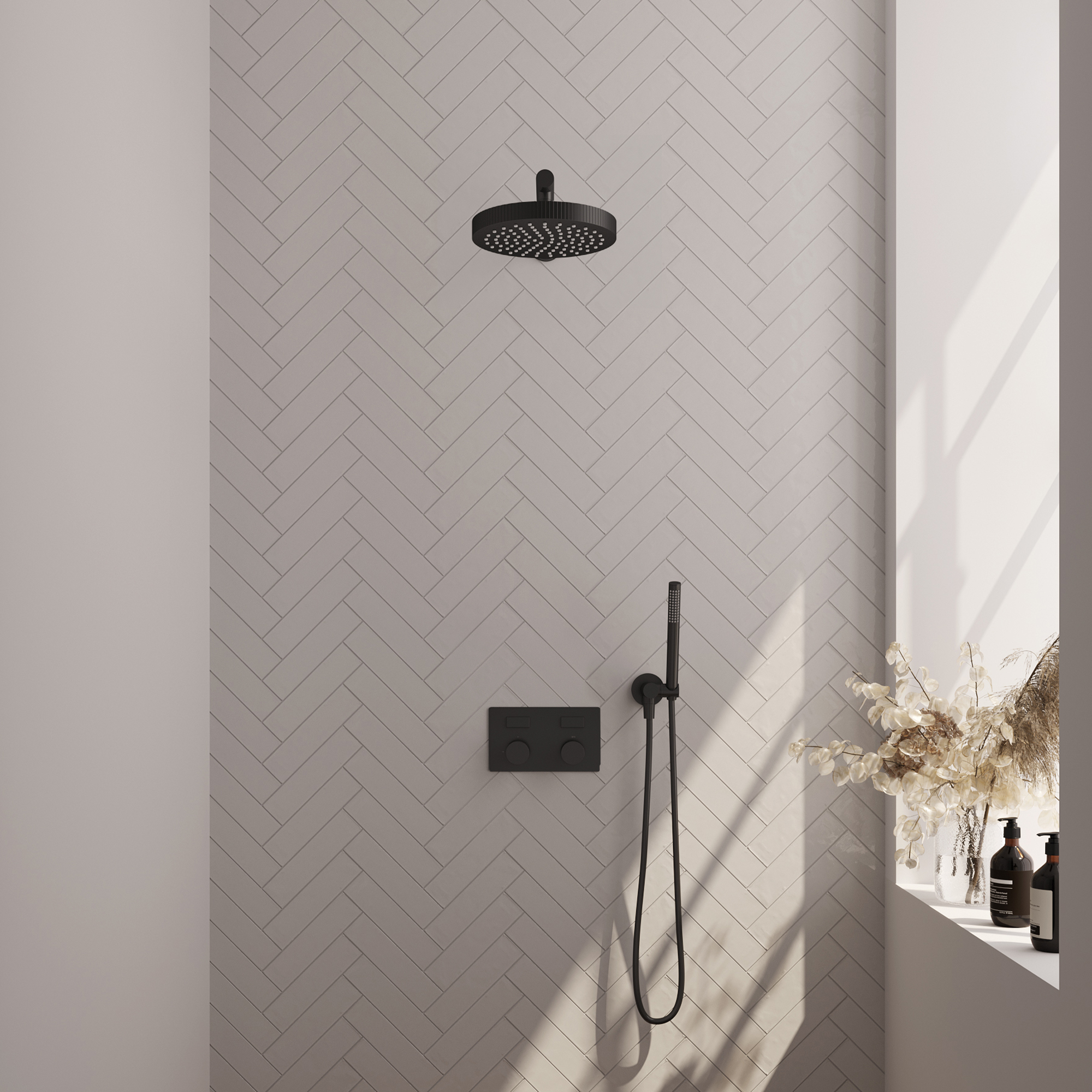 Brauer Stripe thermostatische inbouw regendouche met drukknoppen SET 25 met 25 cm douchekop en rechte muurarm en staaf handdouche en doucheslang en wandaansluitbocht mat zwart