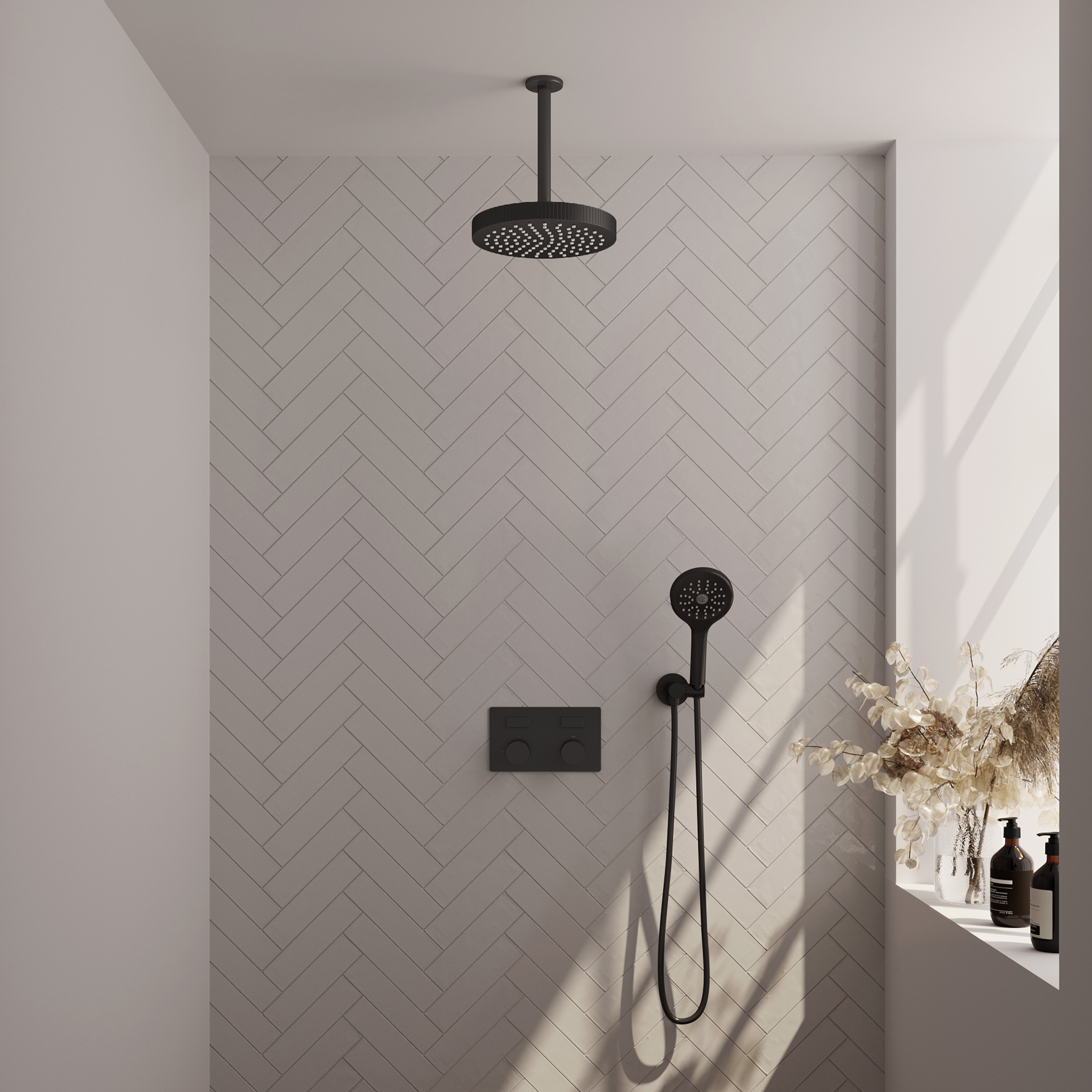Brauer Stripe thermostatische inbouw regendouche met drukknoppen SET 30 met 25 cm douchekop en plafondarm en 3-standen handdouche en doucheslang en wandaansluitbocht mat zwart