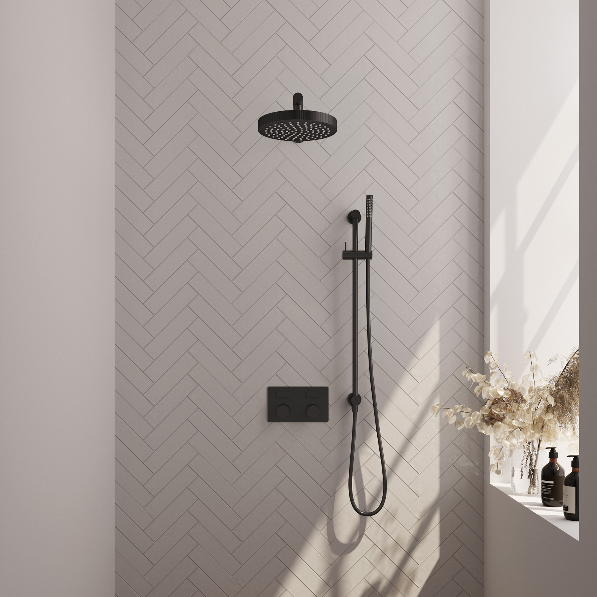 Brauer Stripe thermostatische inbouw regendouche met drukknoppen SET 31 met 25 cm douchekop en rechte muurarm en staaf handdouche en doucheslang en geintegreerde glijstang mat zwart