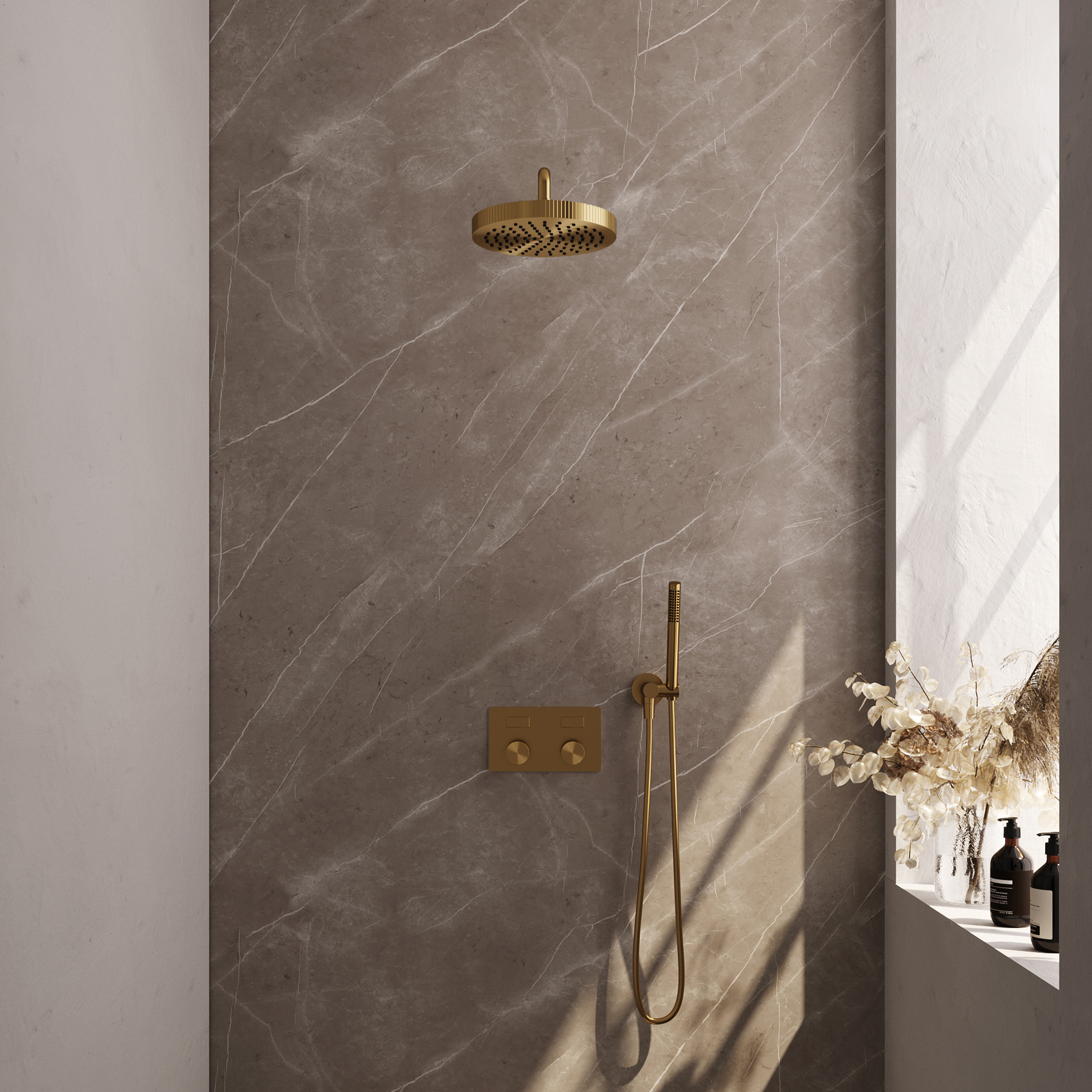 Brauer Stripe thermostatische inbouw regendouche met drukknoppen SET 26 met 25 cm douchekop en gebogen muurarm en staaf handdouche en doucheslang en wandaansluitbocht goud geborsteld PVD