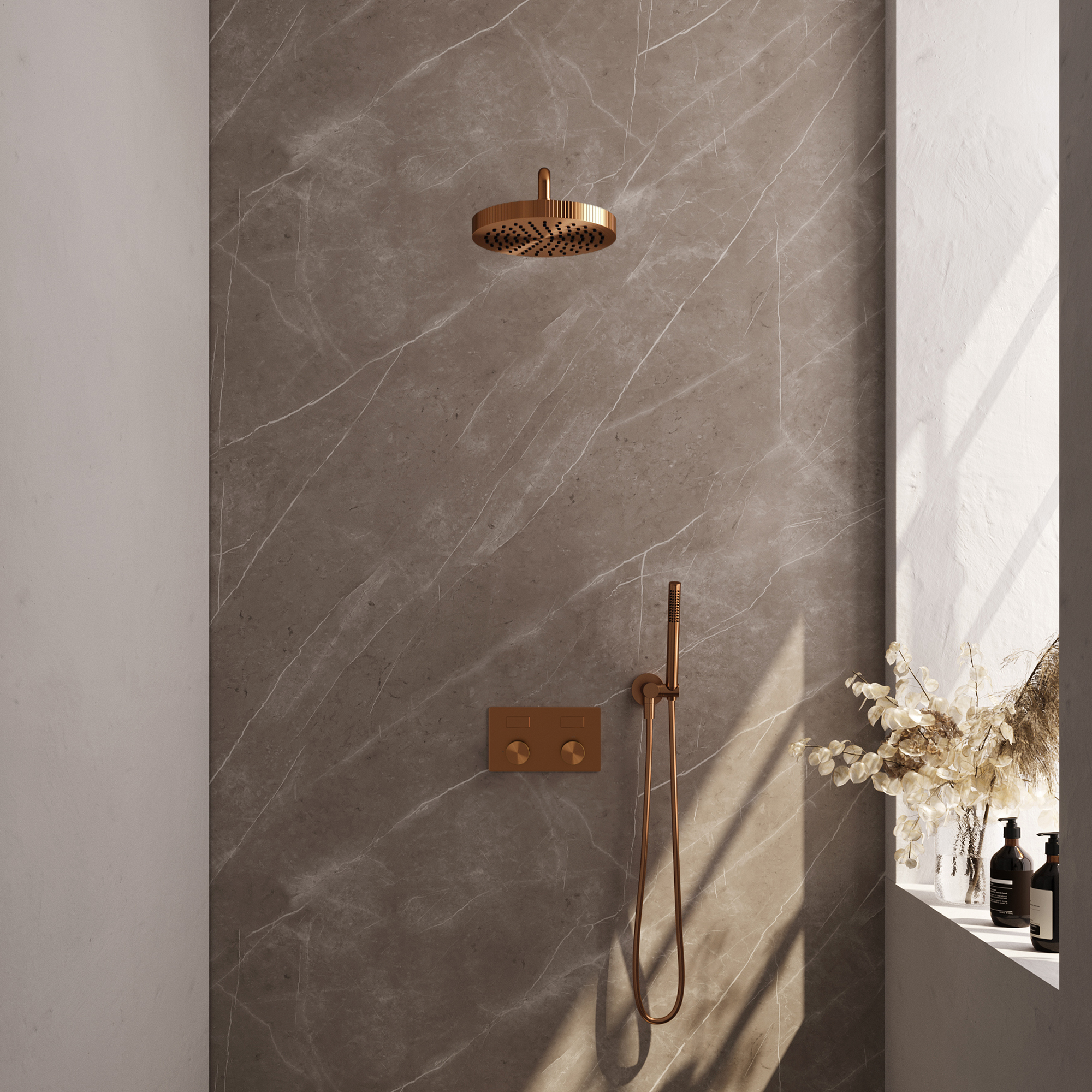 Brauer Stripe thermostatische inbouw regendouche met drukknoppen SET 26 met 25 cm douchekop en gebogen muurarm en staaf handdouche en doucheslang en wandaansluitbocht koper geborsteld PVD
