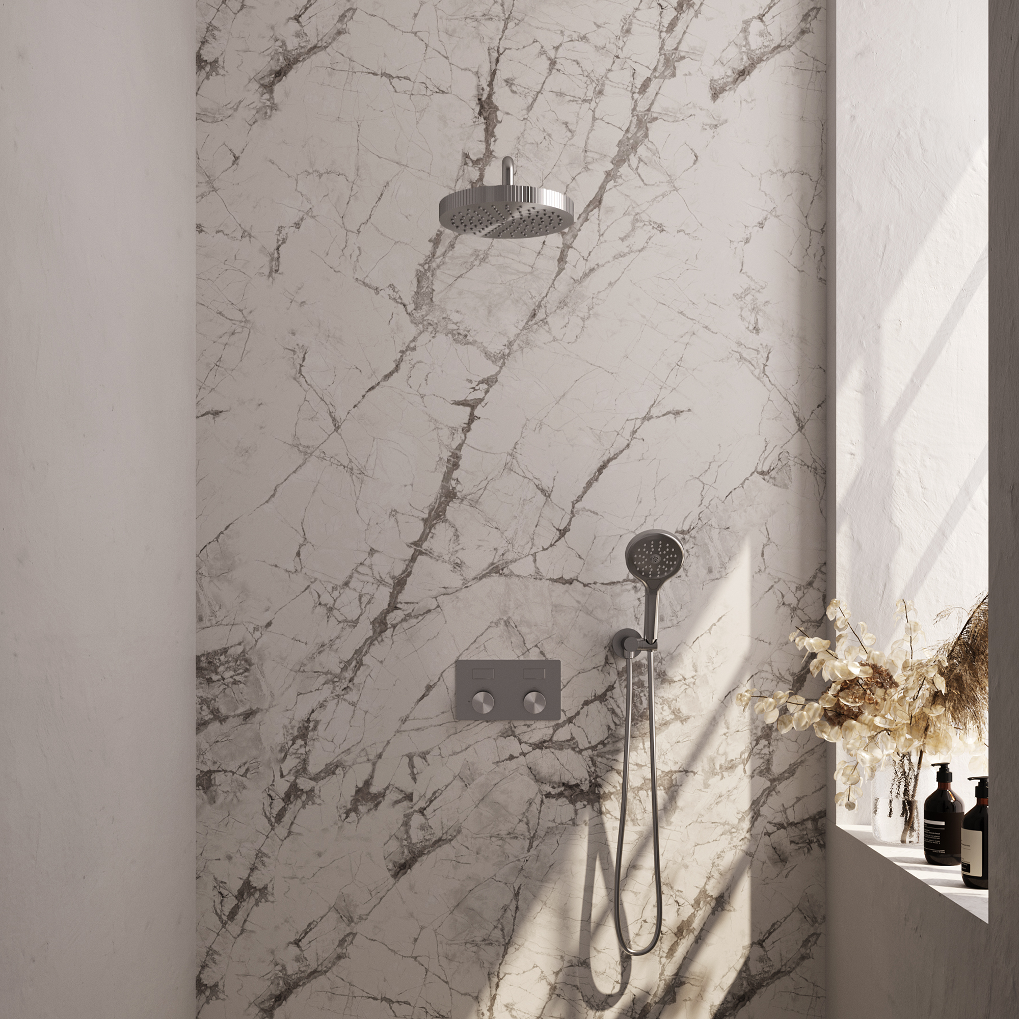 Brauer Stripe thermostatische inbouw regendouche met drukknoppen SET 29 met 25 cm douchekop en gebogen muurarm en 3-standen handdouche en doucheslang en wandaansluitbocht RVS-kleurig geborsteld PVD