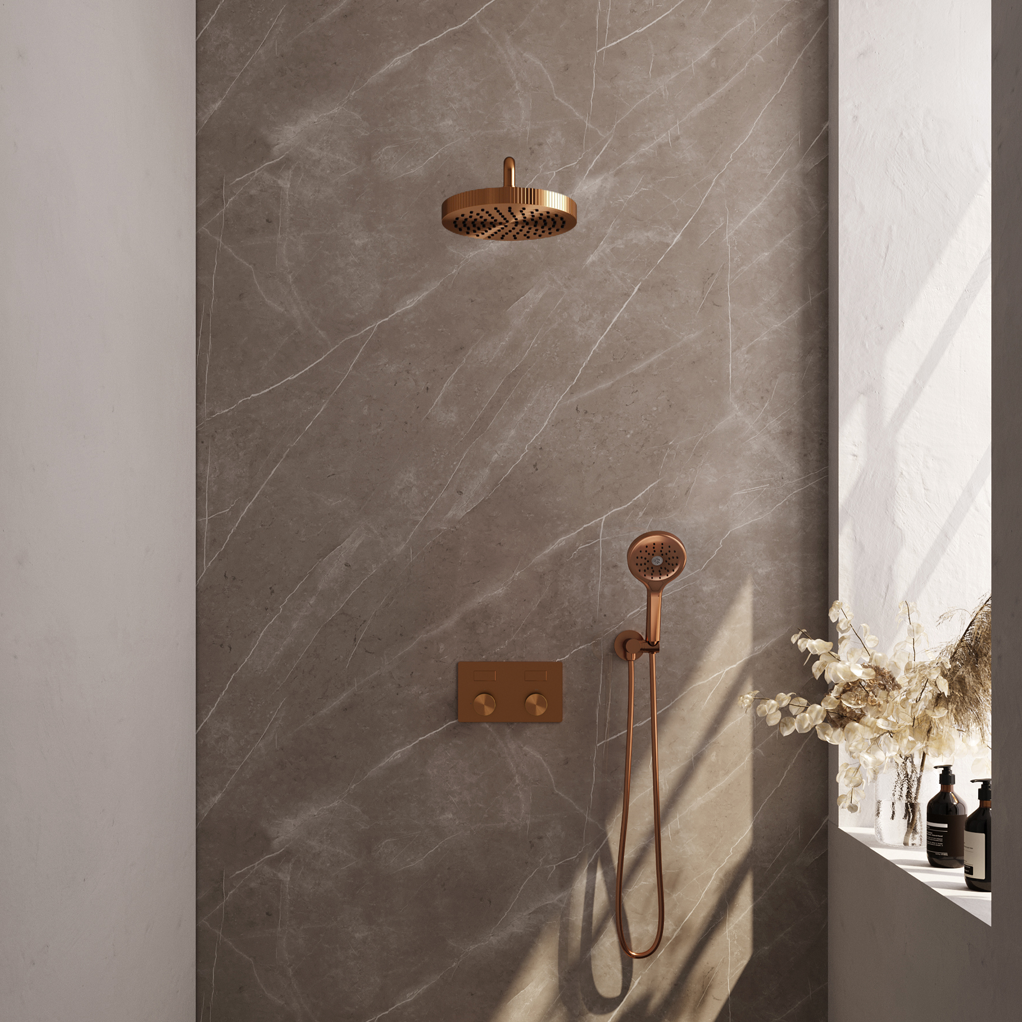 Brauer Stripe thermostatische inbouw regendouche met drukknoppen SET 29 met 25 cm douchekop en gebogen muurarm en 3-standen handdouche en doucheslang en wandaansluitbocht koper geborsteld PVD