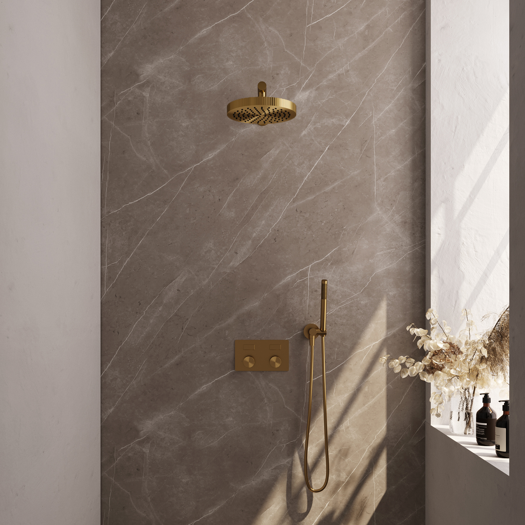 Brauer Stripe thermostatische inbouw regendouche met drukknoppen SET 25 met 25 cm douchekop en rechte muurarm en staaf handdouche en doucheslang en wandaansluitbocht goud geborsteld PVD
