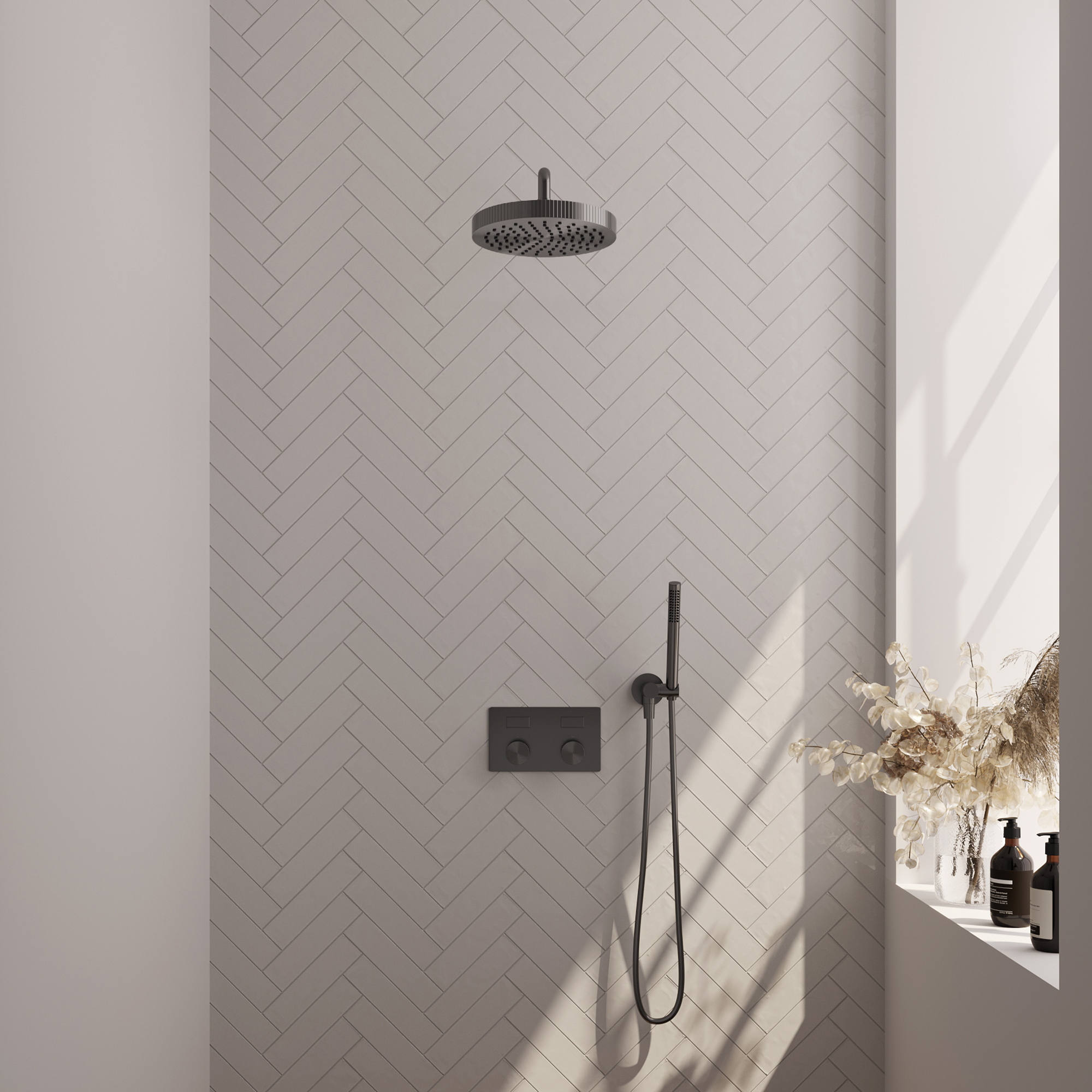 Brauer Stripe thermostatische inbouw regendouche met drukknoppen SET 26 met 25 cm douchekop en gebogen muurarm en staaf handdouche en doucheslang en wandaansluitbocht gunmetal geborsteld PVD