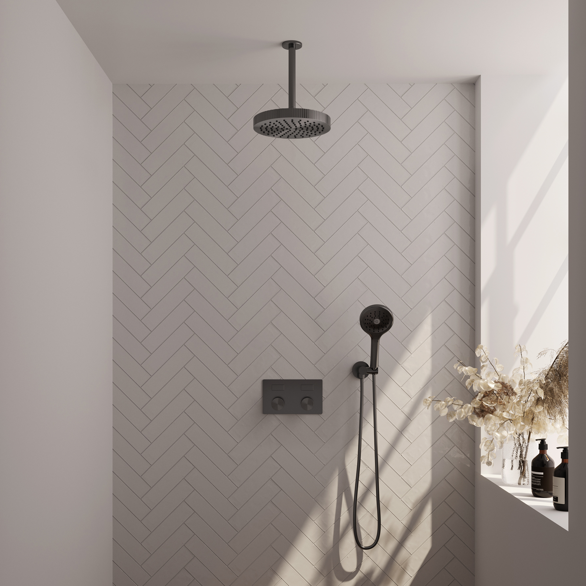 Brauer Stripe thermostatische inbouw regendouche met drukknoppen SET 30 met 25 cm douchekop en plafondarm en 3-standen handdouche en doucheslang en wandaansluitbocht gunmetal geborsteld PVD
