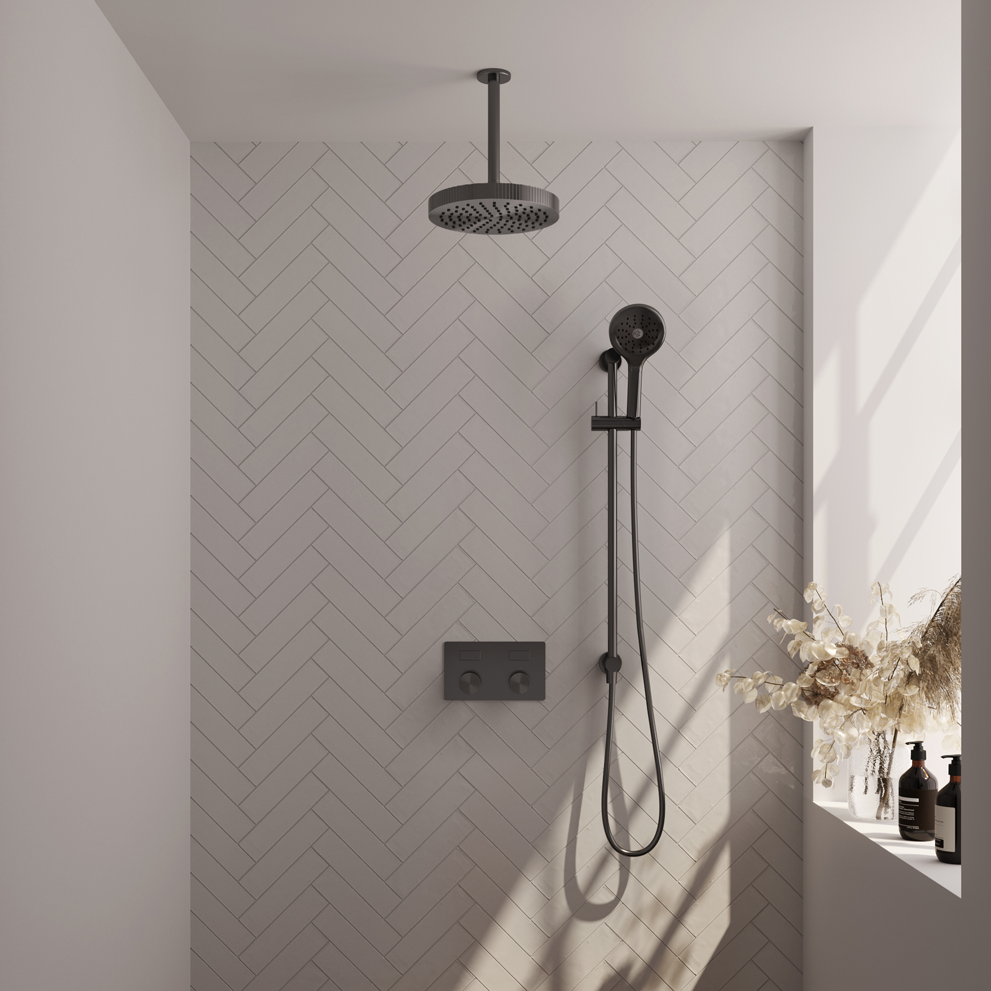 Brauer Stripe thermostatische inbouw regendouche met drukknoppen SET 36 met 25 cm douchekop en plafondarm en 3-standen handdouche en doucheslang en geintegreerde glijstang gunmetal geborsteld PVD