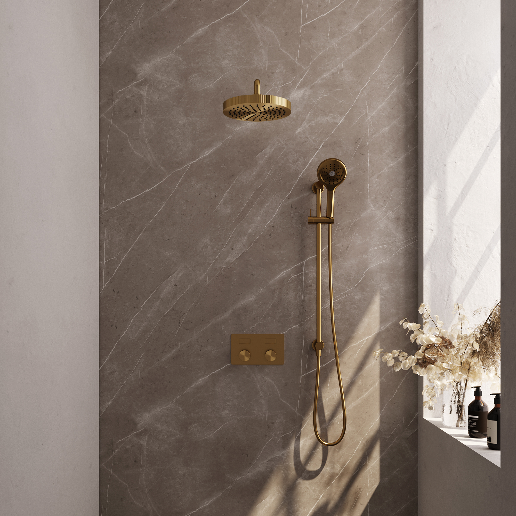 Brauer Stripe thermostatische inbouw regendouche met drukknoppen SET 35 met 25 cm douchekop en gebogen muurarm en 3-standen handdouche en doucheslang en geintegreerde glijstang goud geborsteld PVD