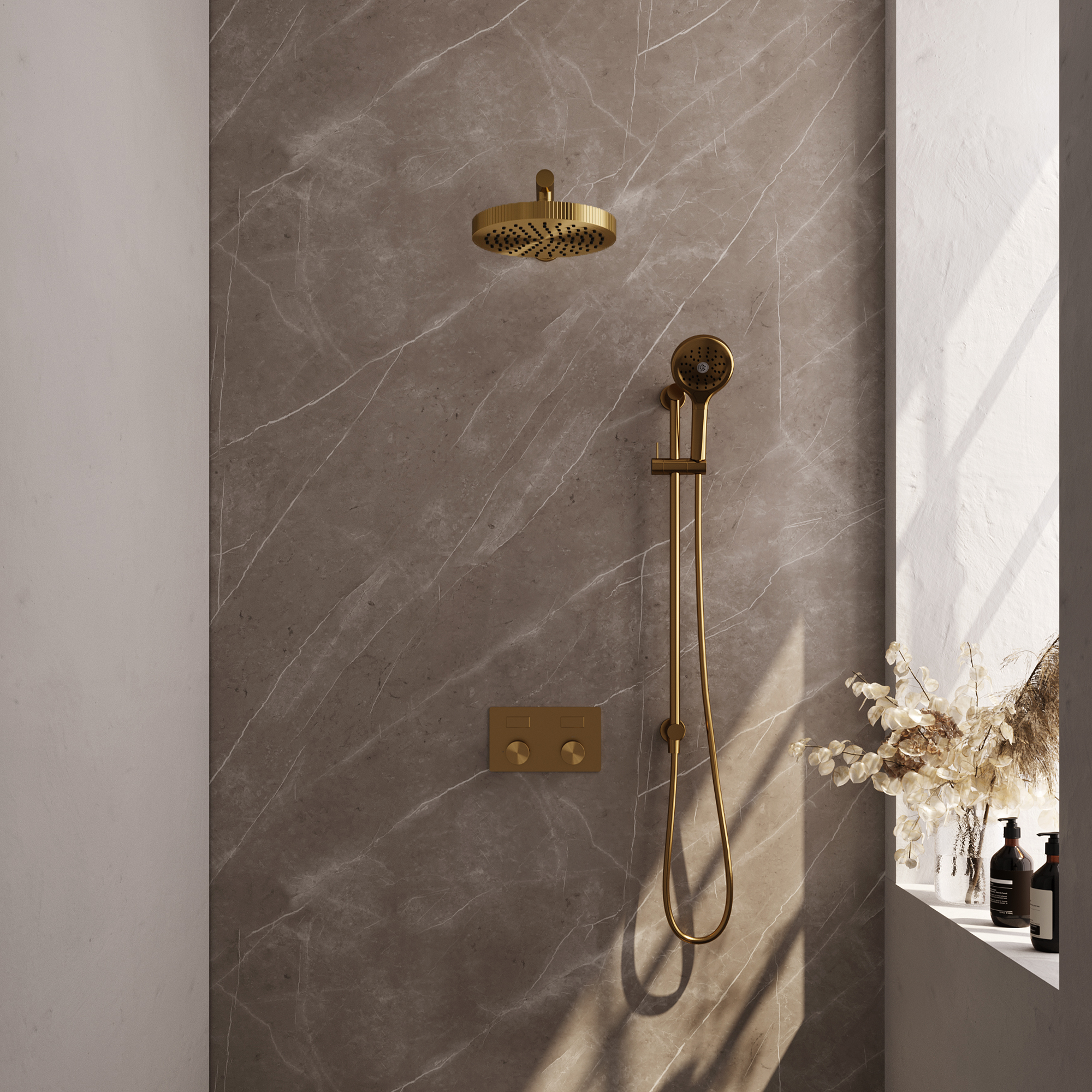 Brauer Stripe thermostatische inbouw regendouche met drukknoppen SET 34 met 25 cm douchekop en rechte muurarm en 3-standen handdouche en doucheslang en geintegreerde glijstang goud geborsteld PVD