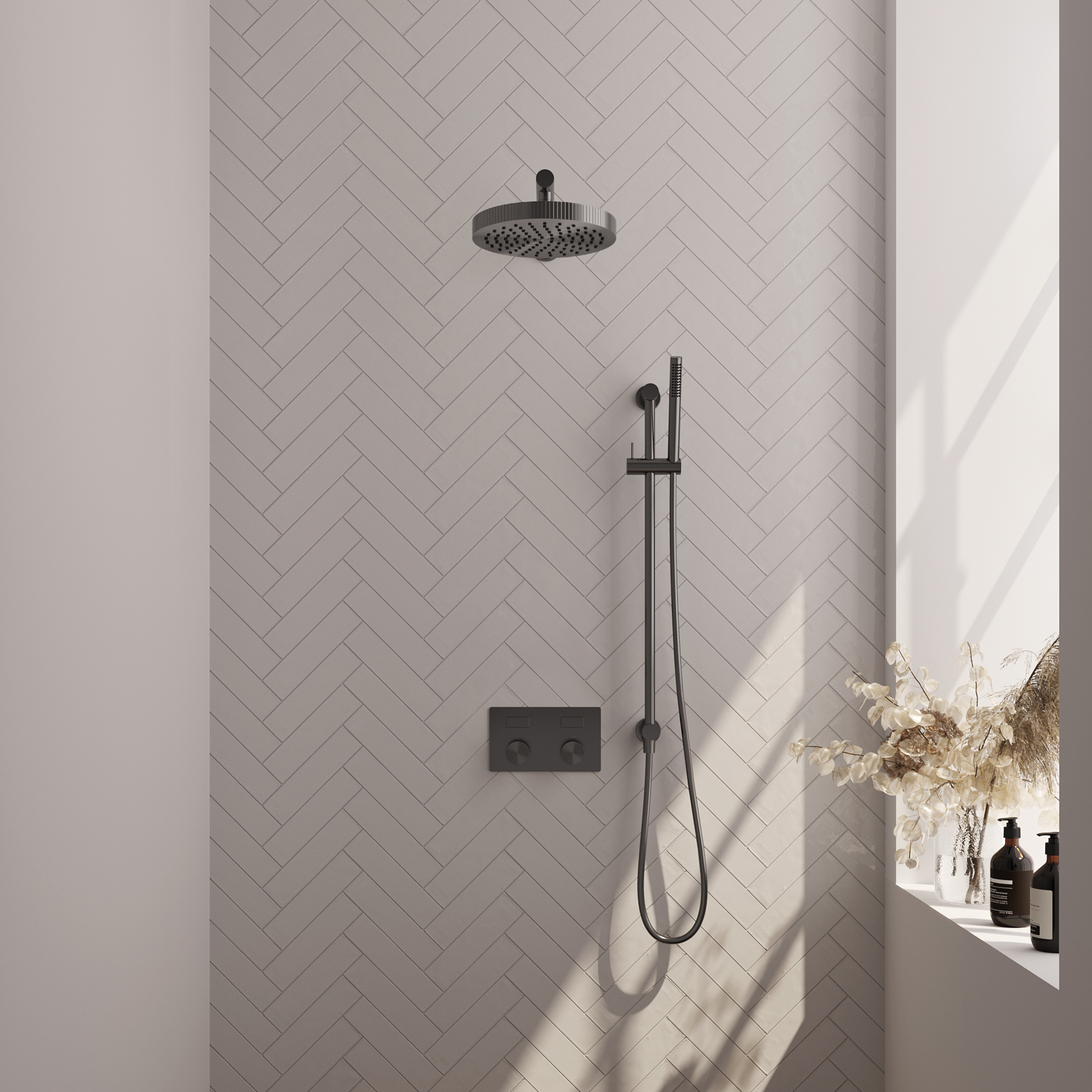 Brauer Stripe thermostatische inbouw regendouche met drukknoppen SET 31 met 25 cm douchekop en rechte muurarm en staaf handdouche en doucheslang en geintegreerde glijstang gunmetal geborsteld PVD
