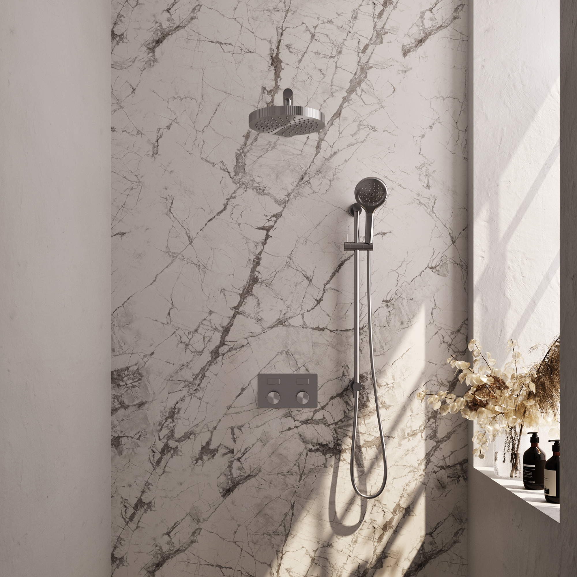 Brauer Stripe thermostatische inbouw regendouche met drukknoppen SET 34 met 25 cm douchekop en rechte muurarm en 3-standen handdouche en doucheslang en geintegreerde glijstang RVS-kleurig geborsteld P