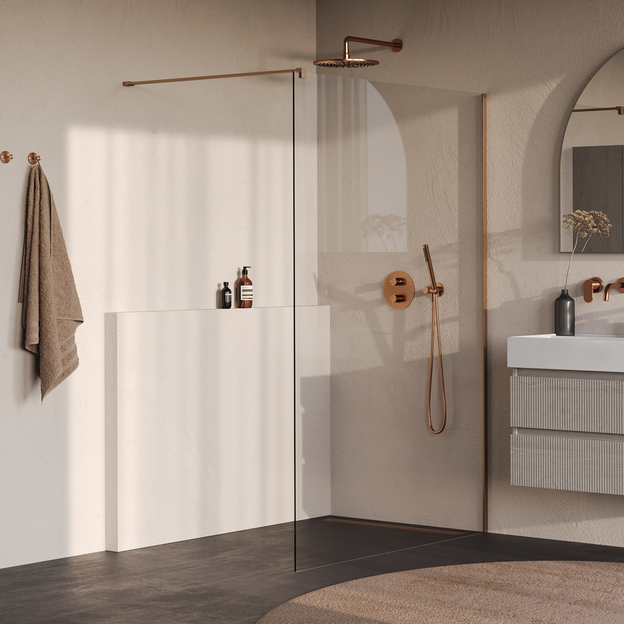 Brauer Oblivion inloopdouche helder glas 130x200 incl. glascoating PVD koper geborsteld