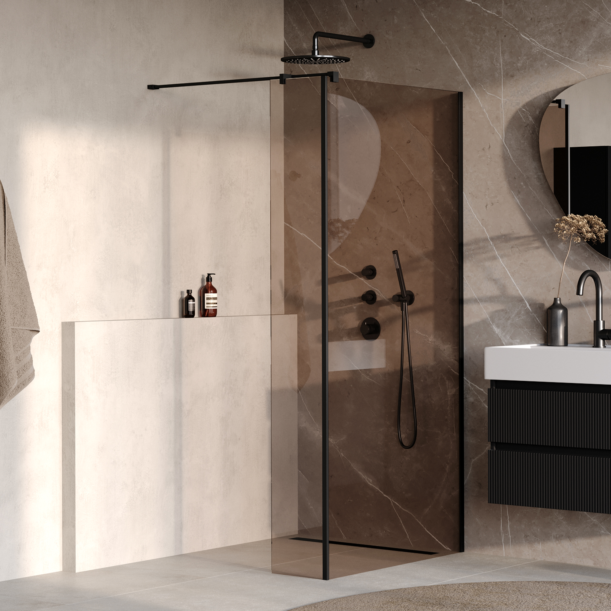 Brauer Oblivion inloopdouche brons glas 90x200 met zijwand 30 incl. glascoating mat zwart