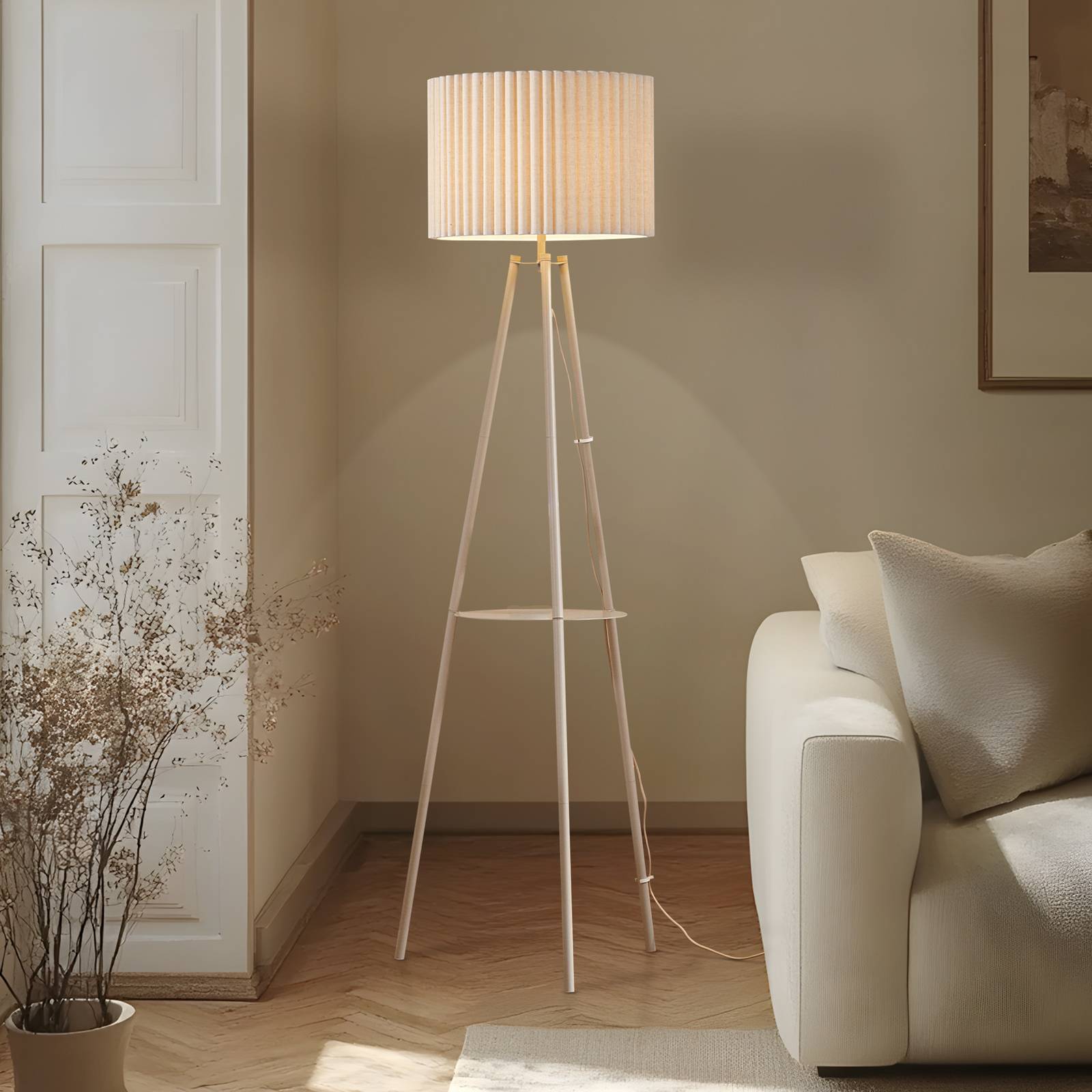 LINDBY driepoot vloerlamp Libbie, 155 cm, linnen, crèmekleurig
