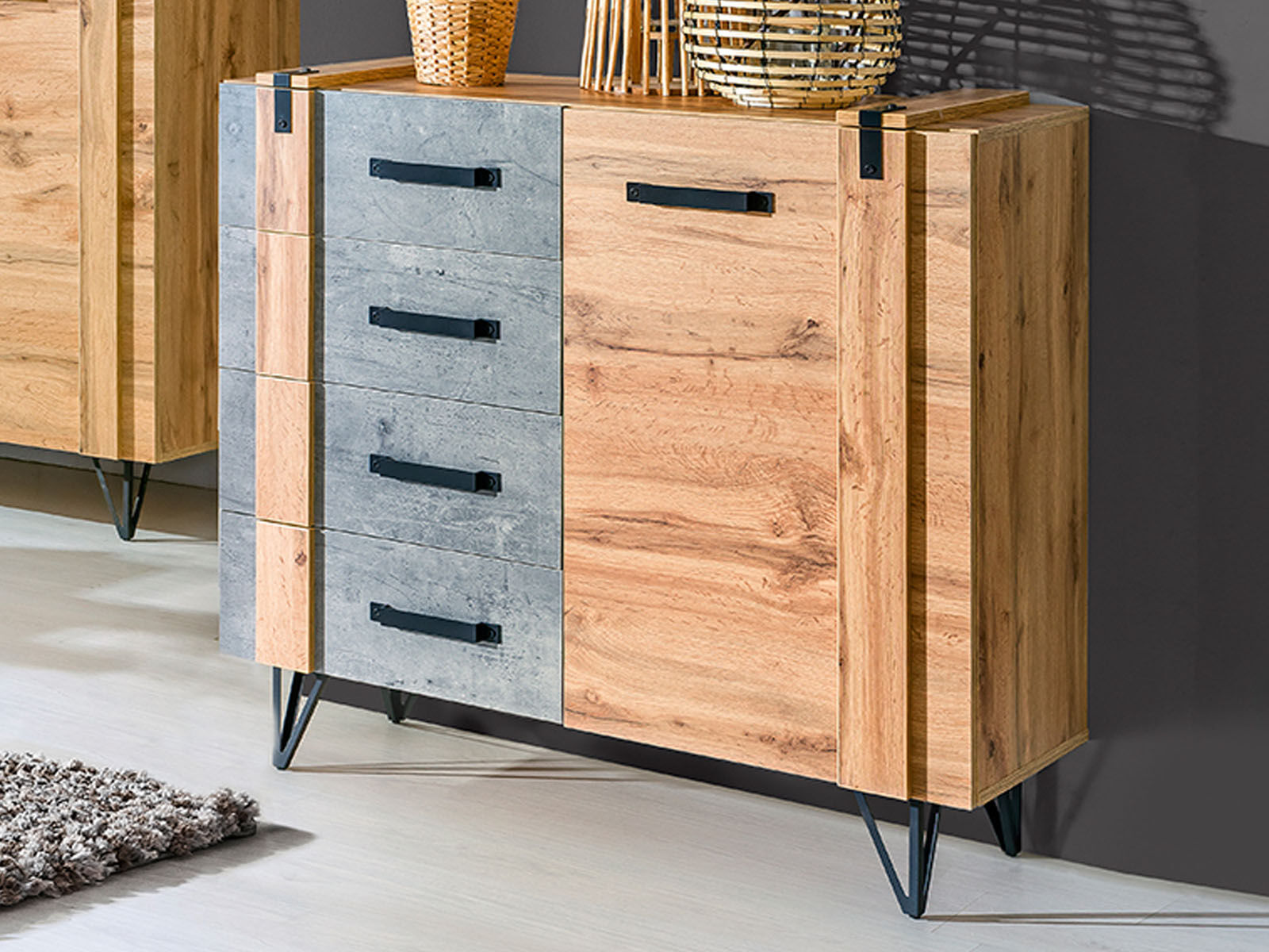 Mobistoxx Commode MILPO 1 deur 4 lades wotan eik/beton