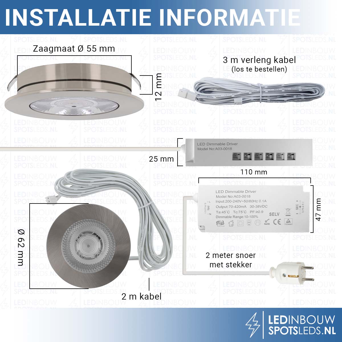Set 2 stuks led meubelspots - dimbaar 3 watt - 340 lumen - nikkel - 3000k