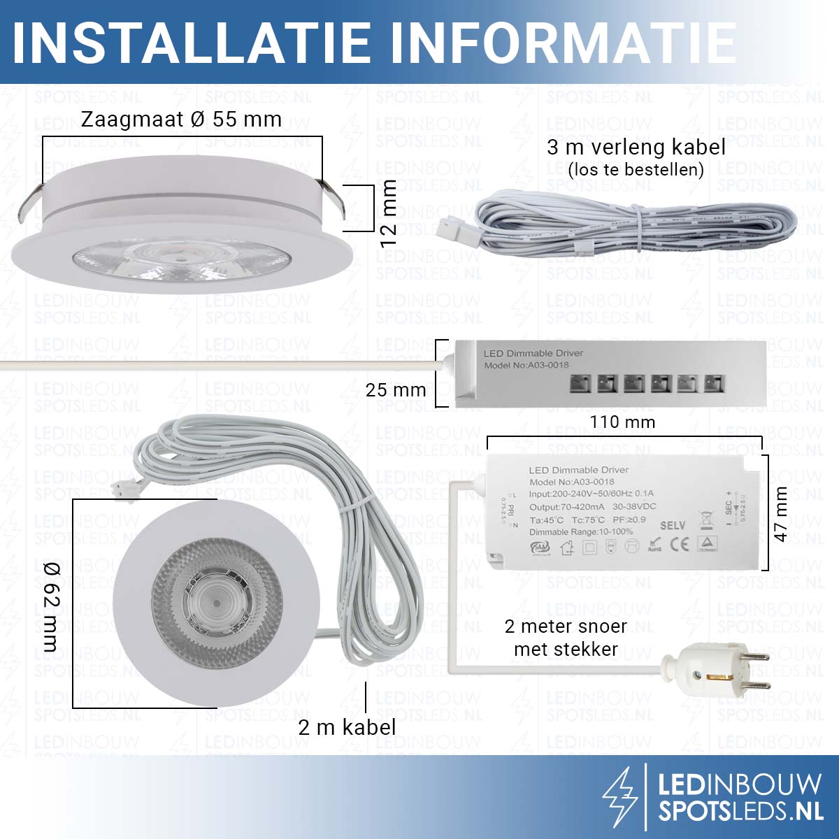 Set 3 stuks led meubelspots - dimbaar 3 watt - 340 lumen - wit - 3000k