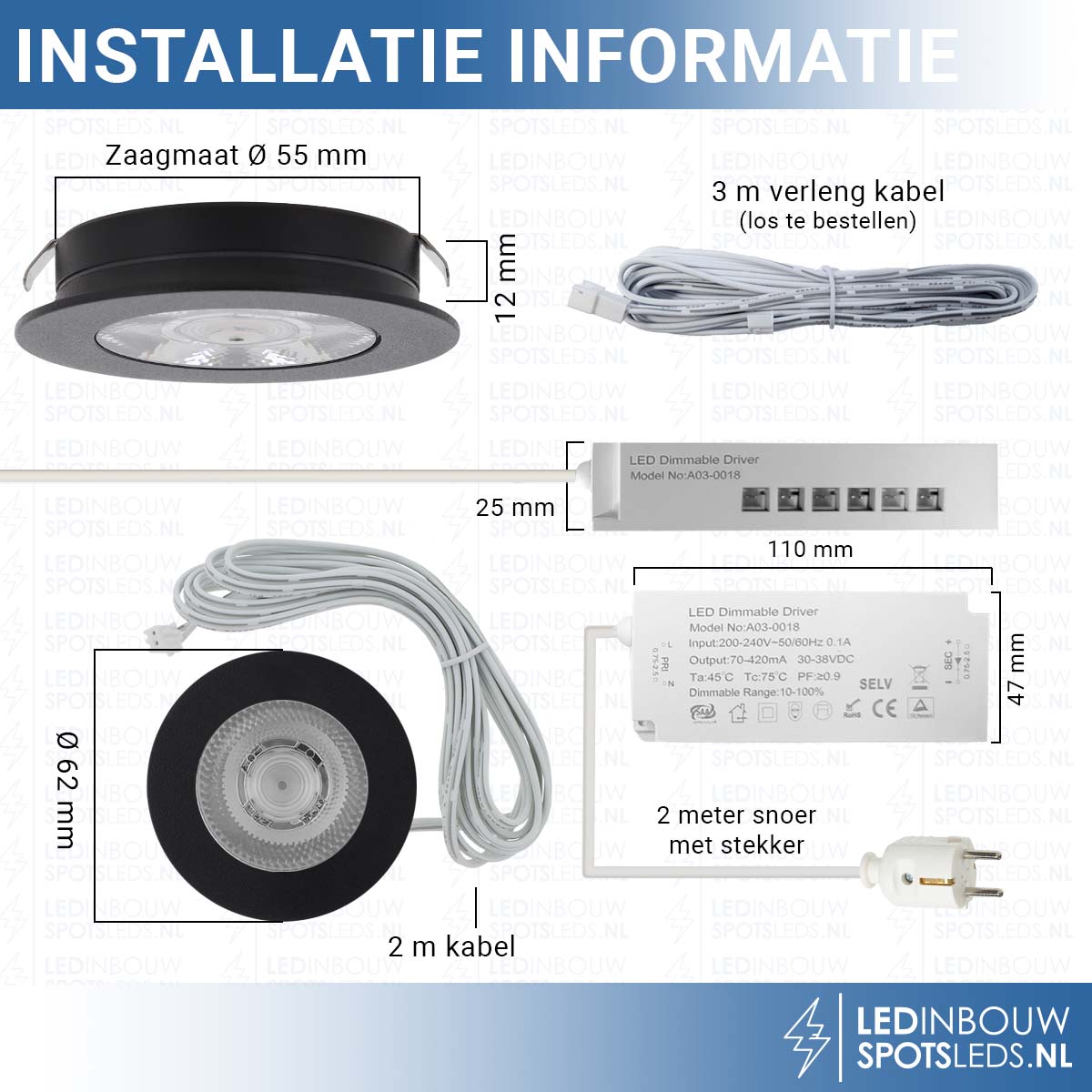 Set 3 stuks led meubelspots - dimbaar 3 watt - 340 lumen - zwart - 3000k