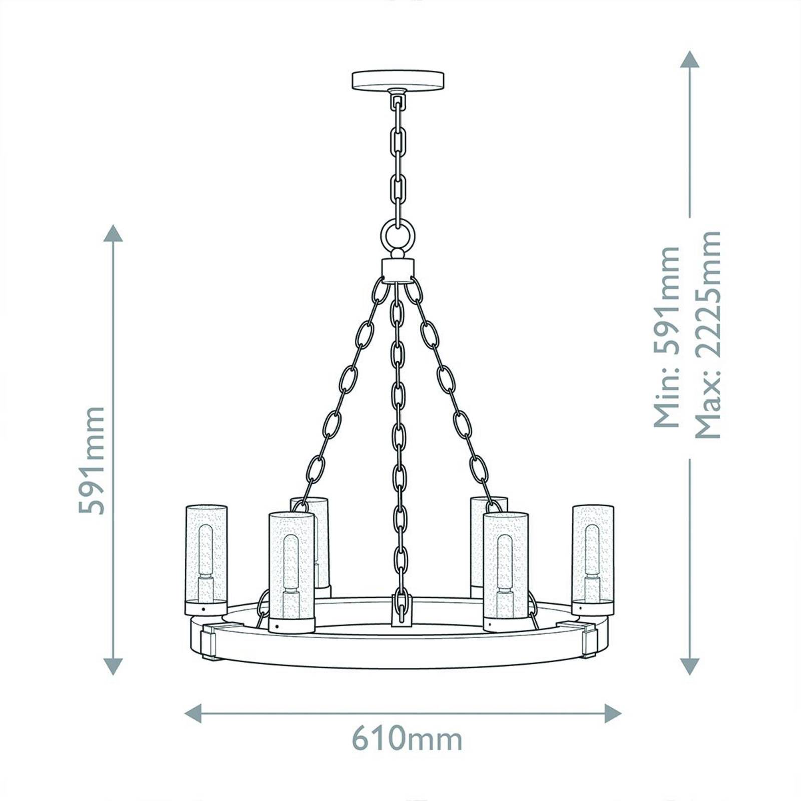 HINKLEY Kroonluchter Sawyer, 6-lamps, houtkleur, staal, glas, E14